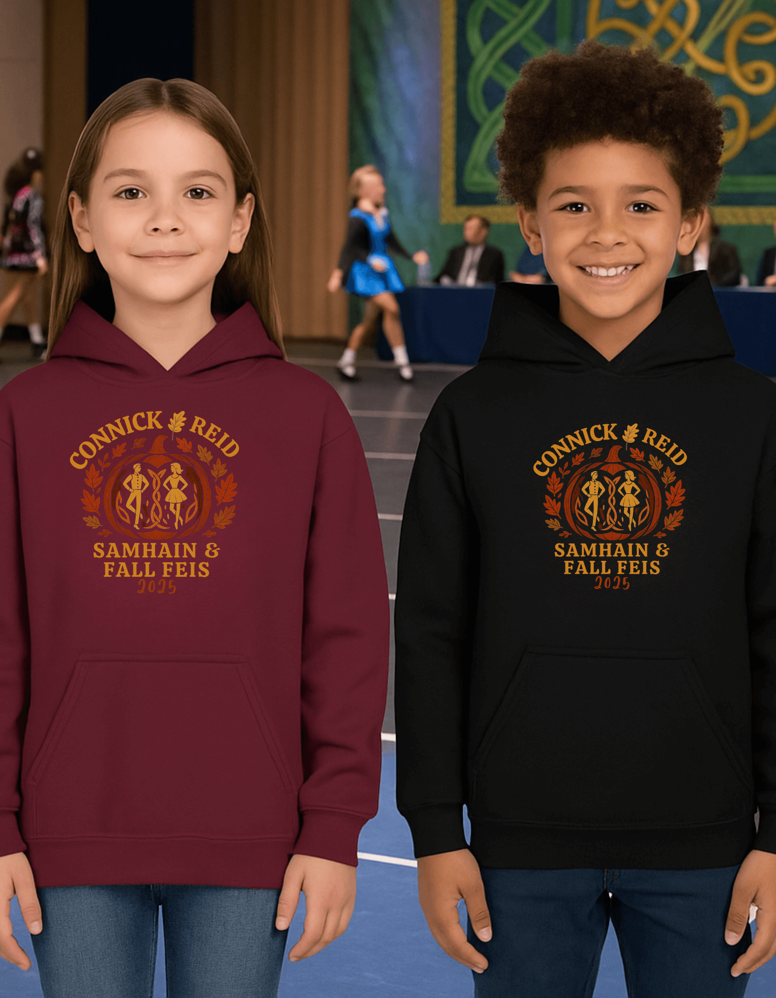 custom Irish dance school apparel, Irish dance team gear, Irish dance logo clothing, personalized Irish dance apparel, Irish dance school spirit wear, custom dance team sweatshirts, Irish dance hoodie, Connick & Reid Irish Dance, Samhain & Fall Feis hoodie, 2025 Irish dance competition hoodie