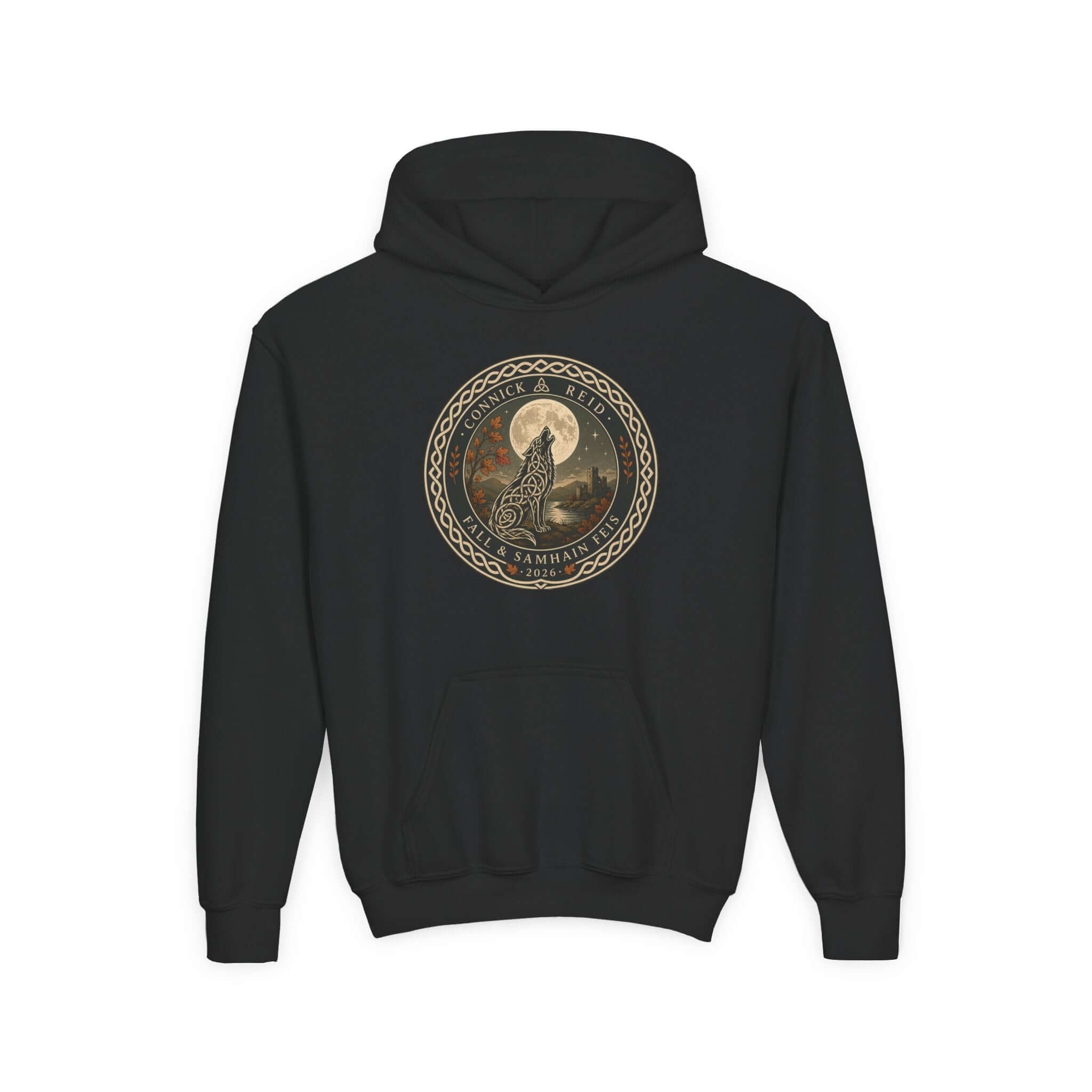Black hoodie with graphic design and text on a white background