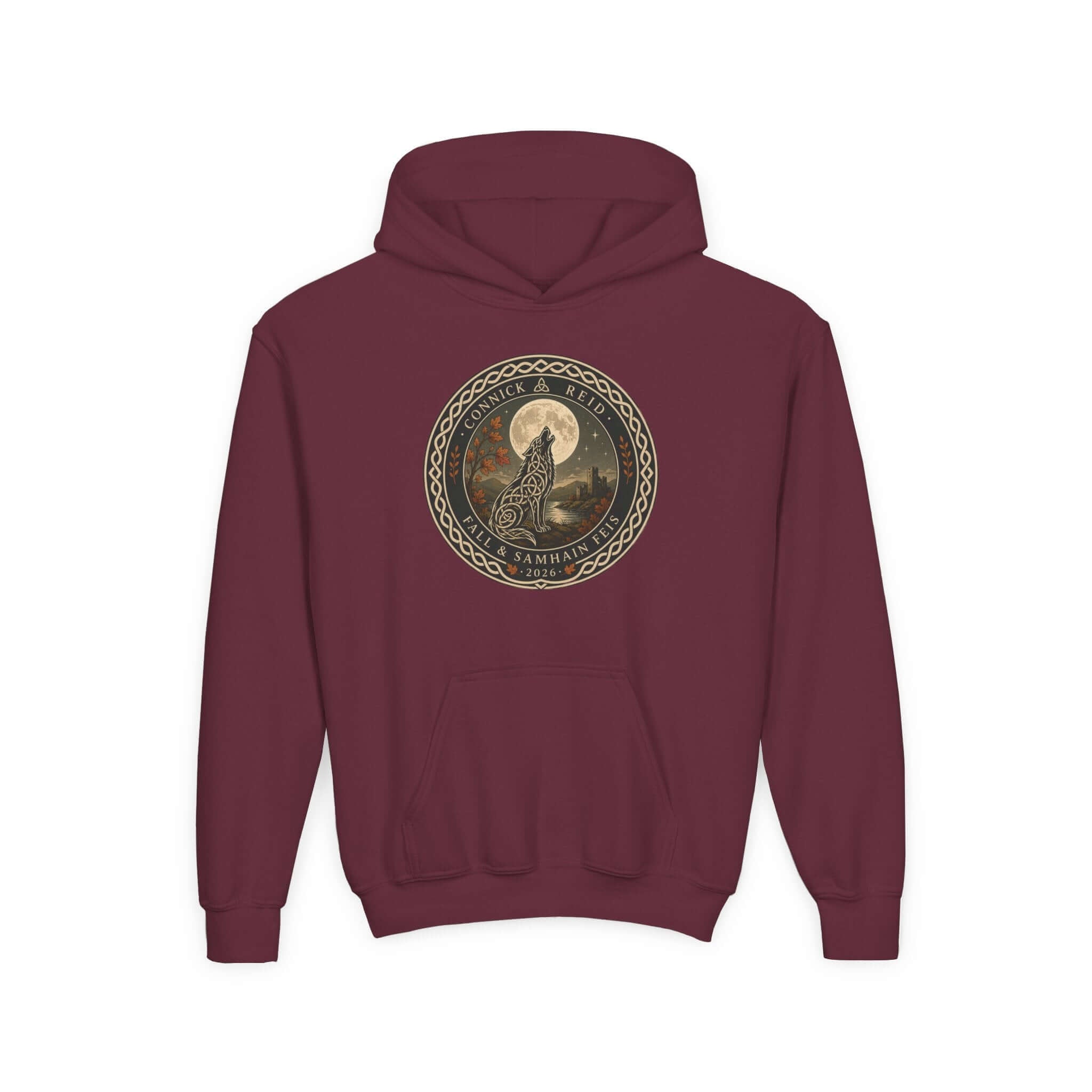 Black hoodie with 'Hawkins' and a graphic of a person on a white background