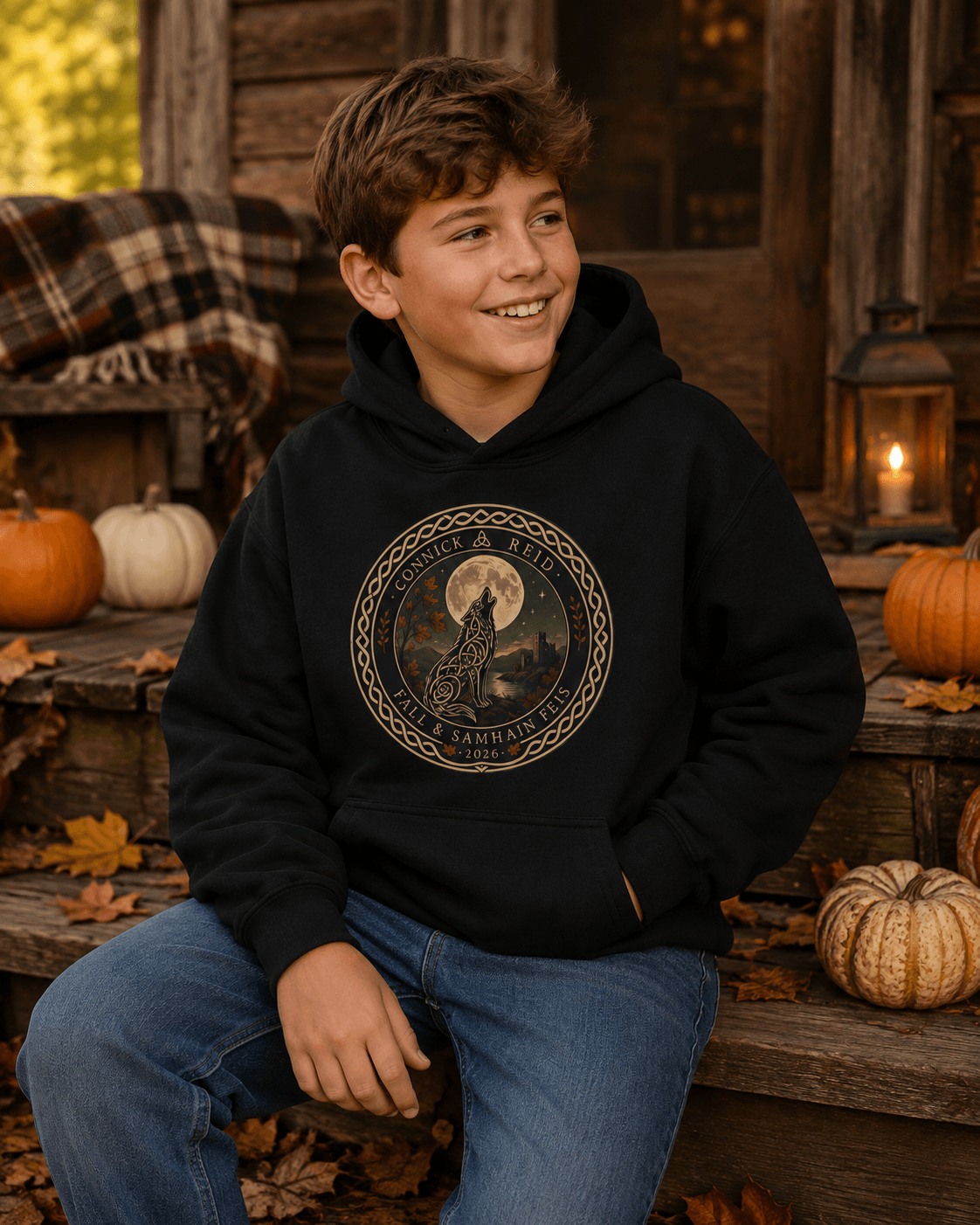 A smiling young boy wearing a black pullover hoodie with a circular graphic print, sitting on rustic wooden steps decorated with pumpkins and autumn leaves.