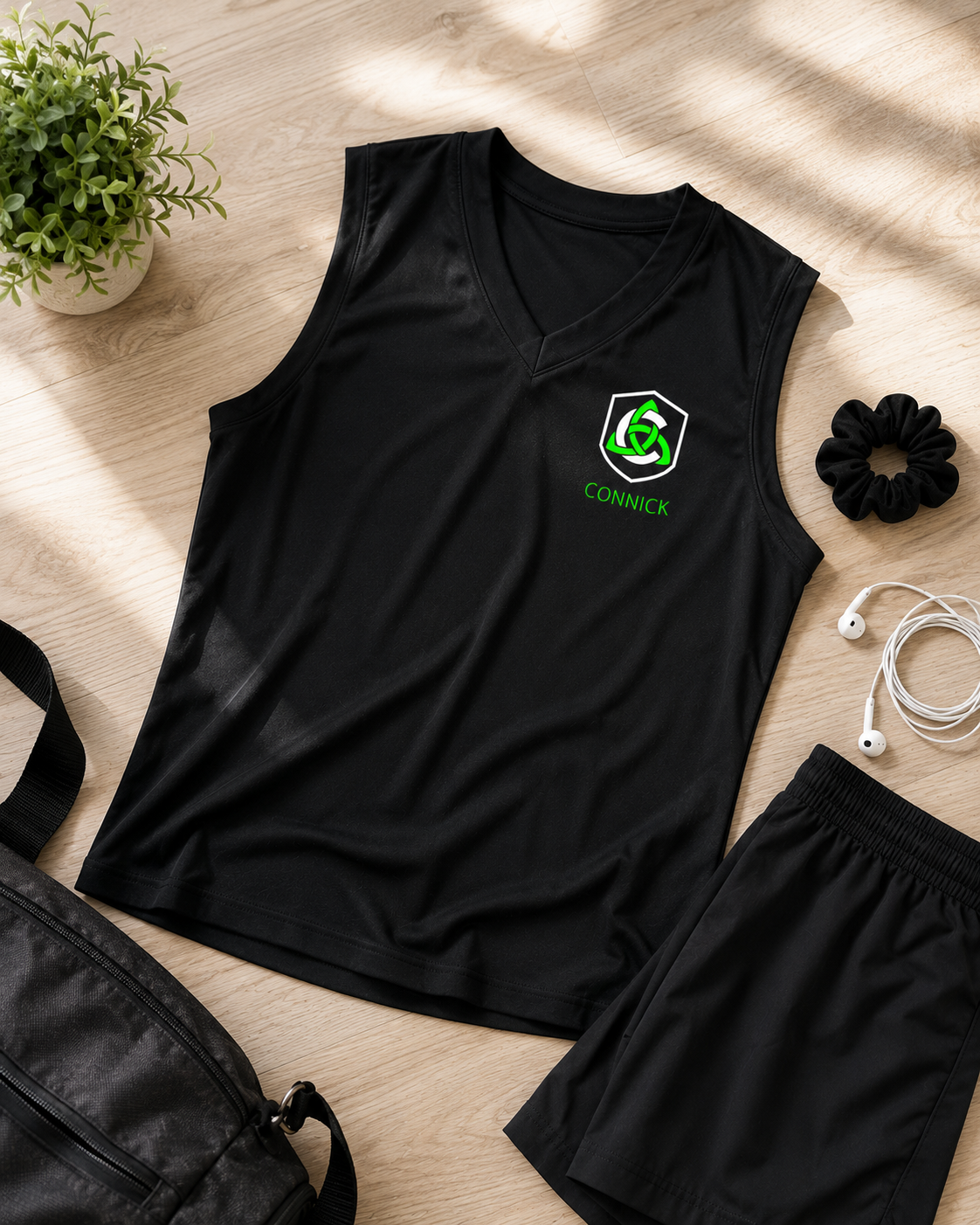 A black sleeveless athletic tank top and matching black shorts laid flat on a light wood surface with styled props including a plant, bag, earphones, and scrunchie. The tank has a green and white shield-style chest logo with the name CONNICK below it.