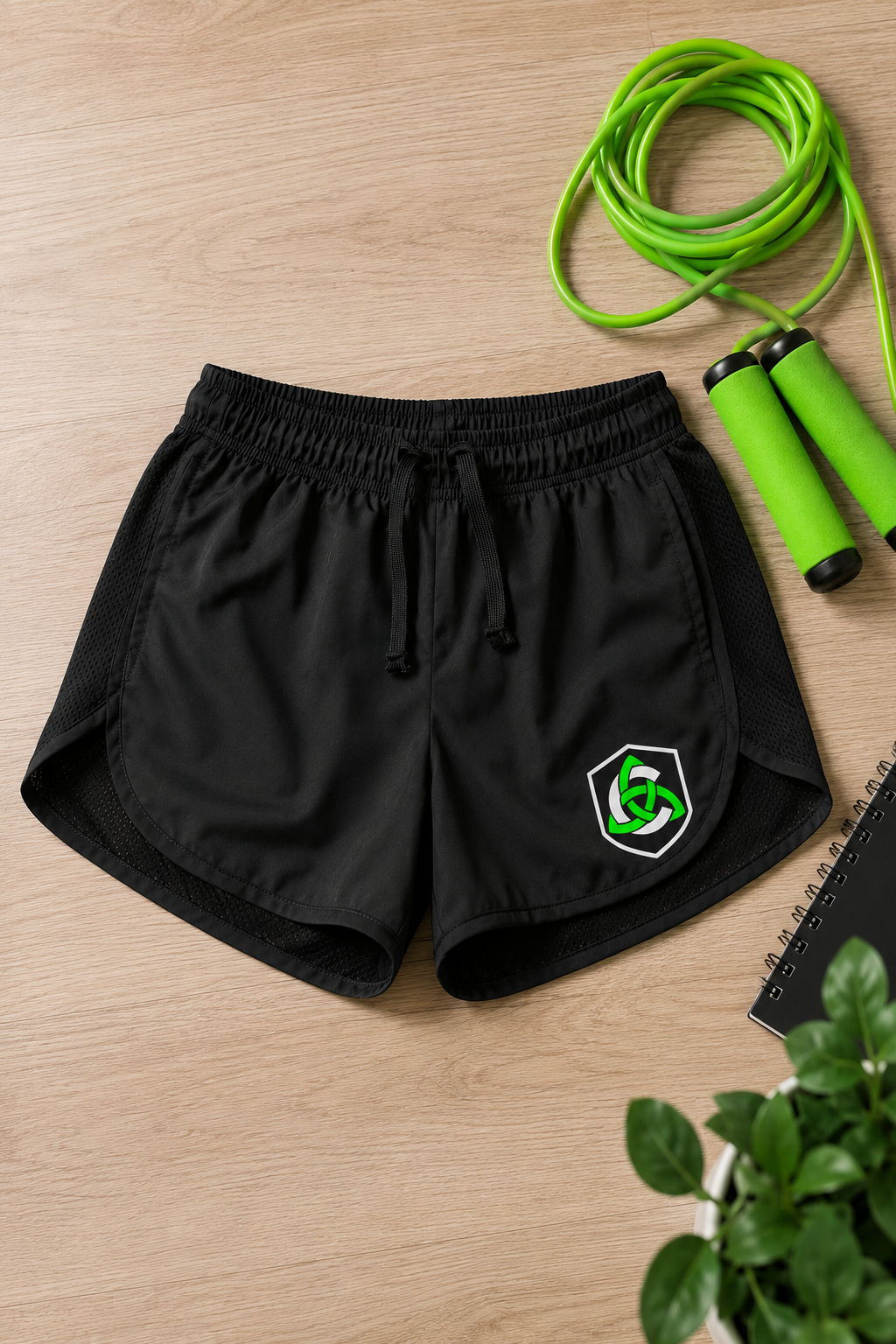 Black athletic shorts with a drawstring waist and a green and white shield logo on the left leg, displayed on a light wood background with a green jump rope, notebook, and plant.
