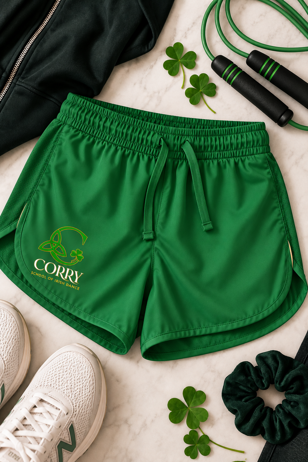 Green athletic shorts with a drawstring waist and 'CORRY' printed on the left leg, styled in a flat lay with white sneakers, a black jacket, a jump rope, and shamrock accents on a light marble surface.
