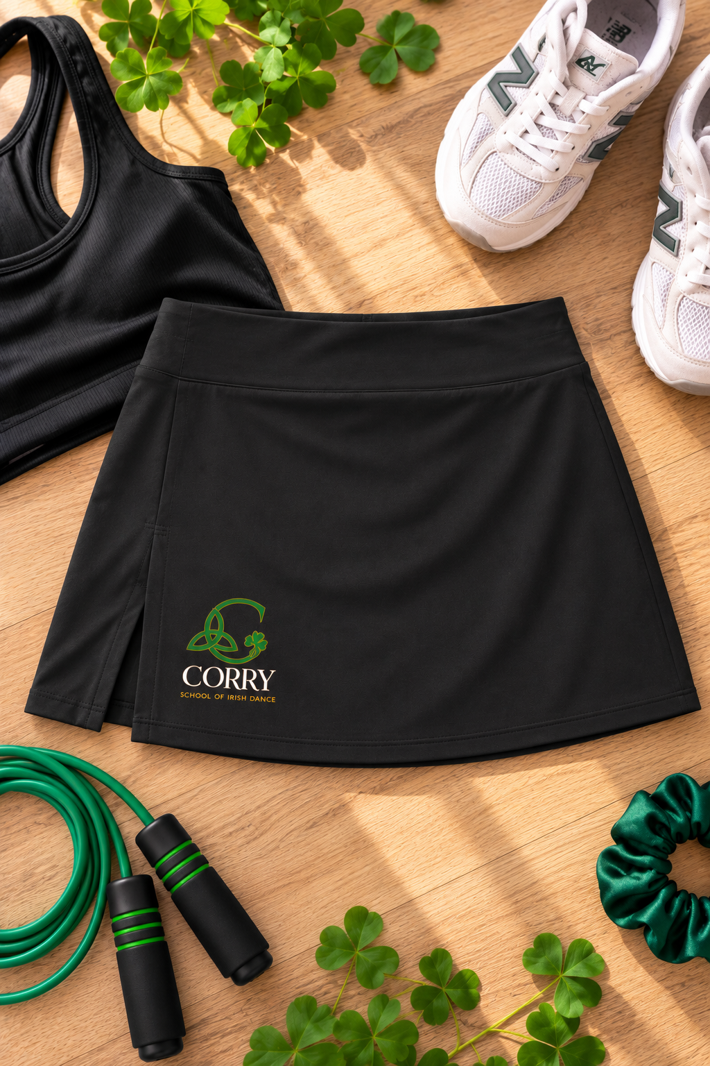 A black athletic skirt with a green and white 'CORRY' logo is laid flat on a wooden surface, styled with a black sports bra, white sneakers, a green jump rope, shamrocks, and a green scrunchie.