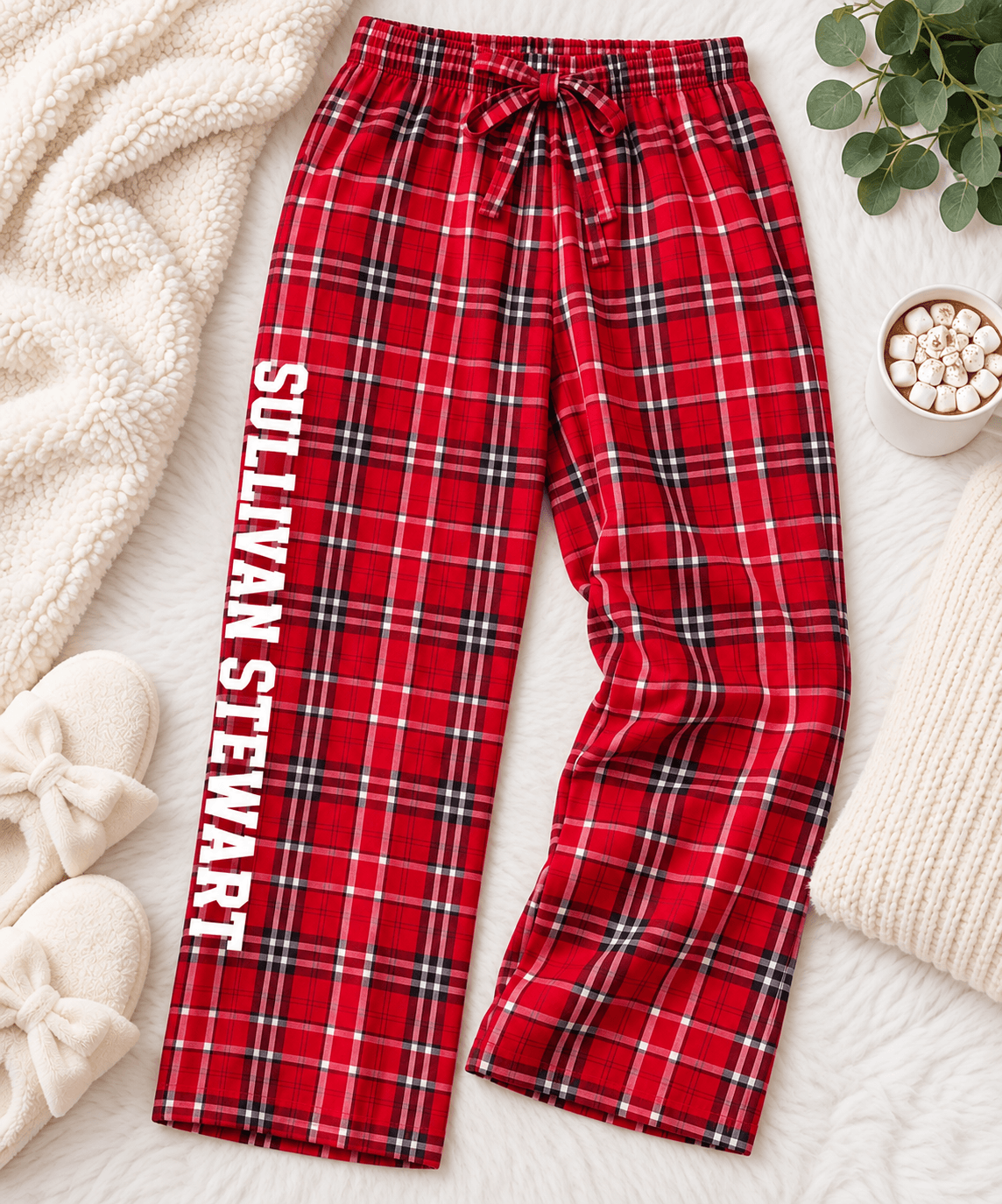 Sullivan Stewart red and white plaid flannel pants, cozy Irish dance school apparel