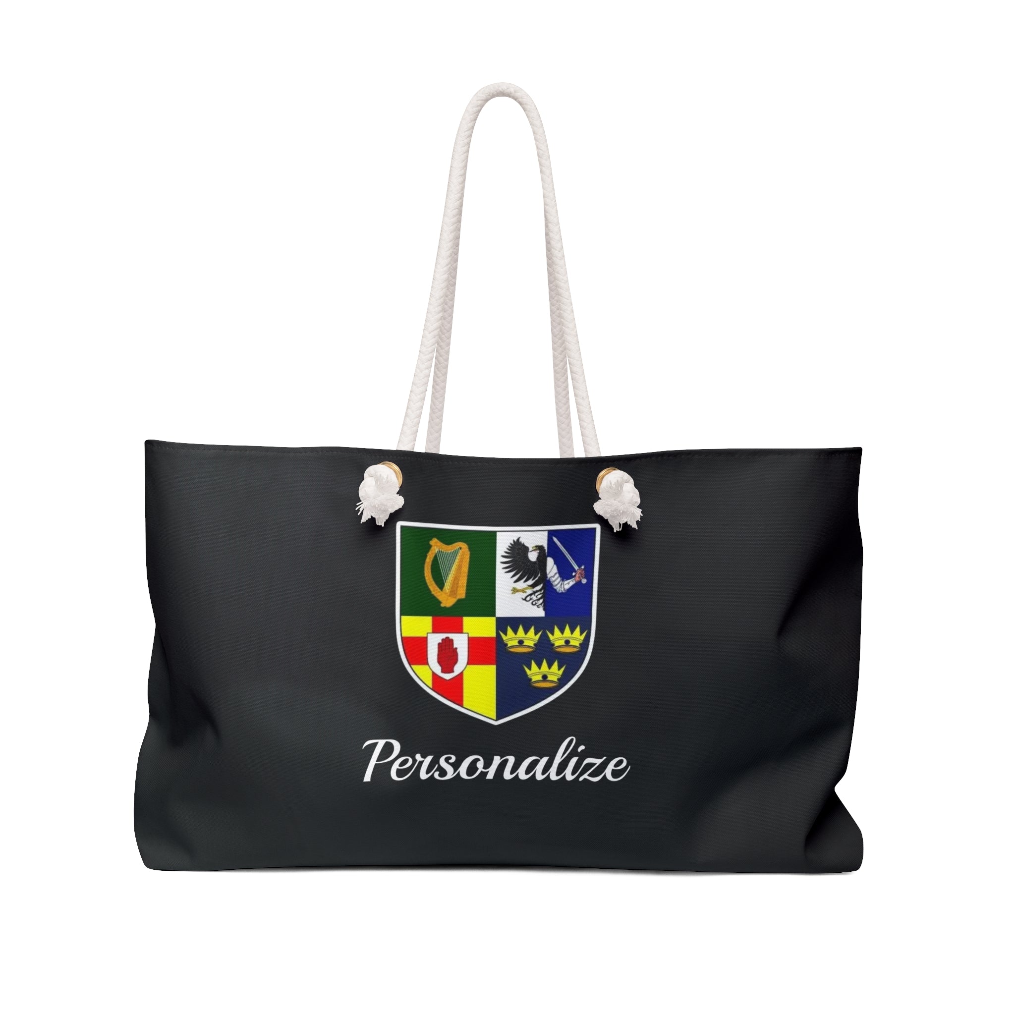 A black tote bag with white rope handles, featuring a customizable shield crest design and the word 'Personalize' printed in white below it, set against a plain white background.