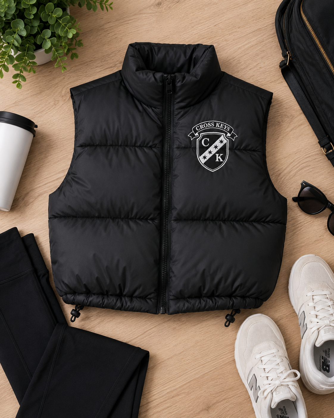 A black puffer vest laid flat on a light wood surface, featuring a white and black crest-style chest graphic that reads 'Crown Kets' with 'CK' in the center. The vest is styled in a flat lay with black pants, white sneakers, sunglasses, a coffee cup, a plant, and a black bag around it.