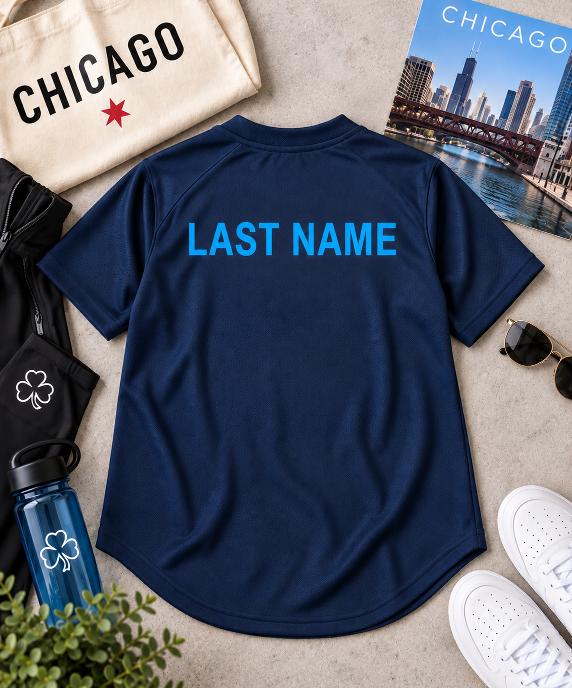 A navy blue short-sleeve athletic shirt shown from the back, with 'LAST NAME' printed in bright blue across the upper back. The shirt is styled in a flat lay with Chicago-themed props including a canvas tote bag, a blue water bottle, white sneakers, sunglasses, and a city magazine on a light stone surface.