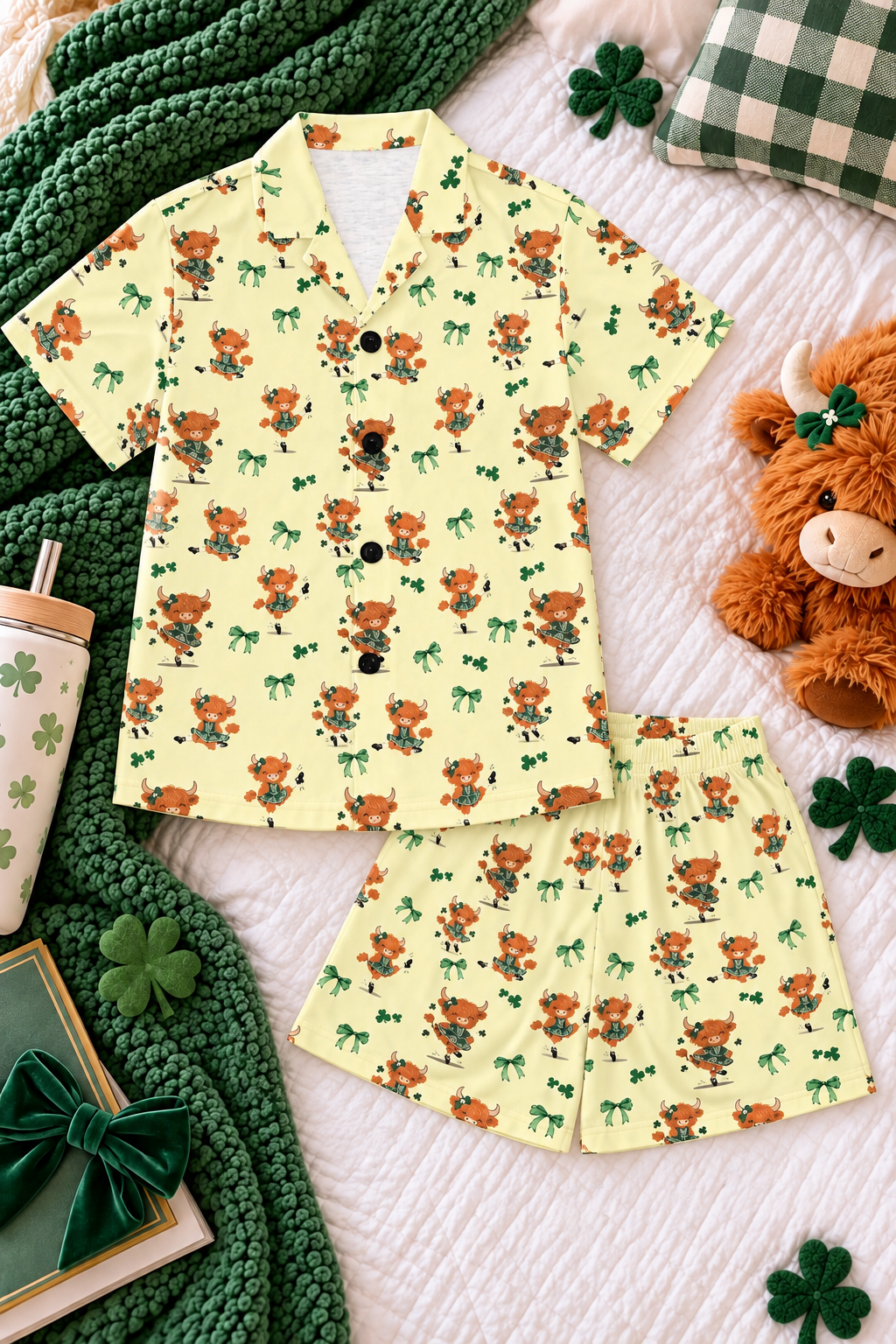 Highland cow pajamas for kids – Irish dance pajama set with Highland cows in green Irish dance dresses, shamrocks and bows
