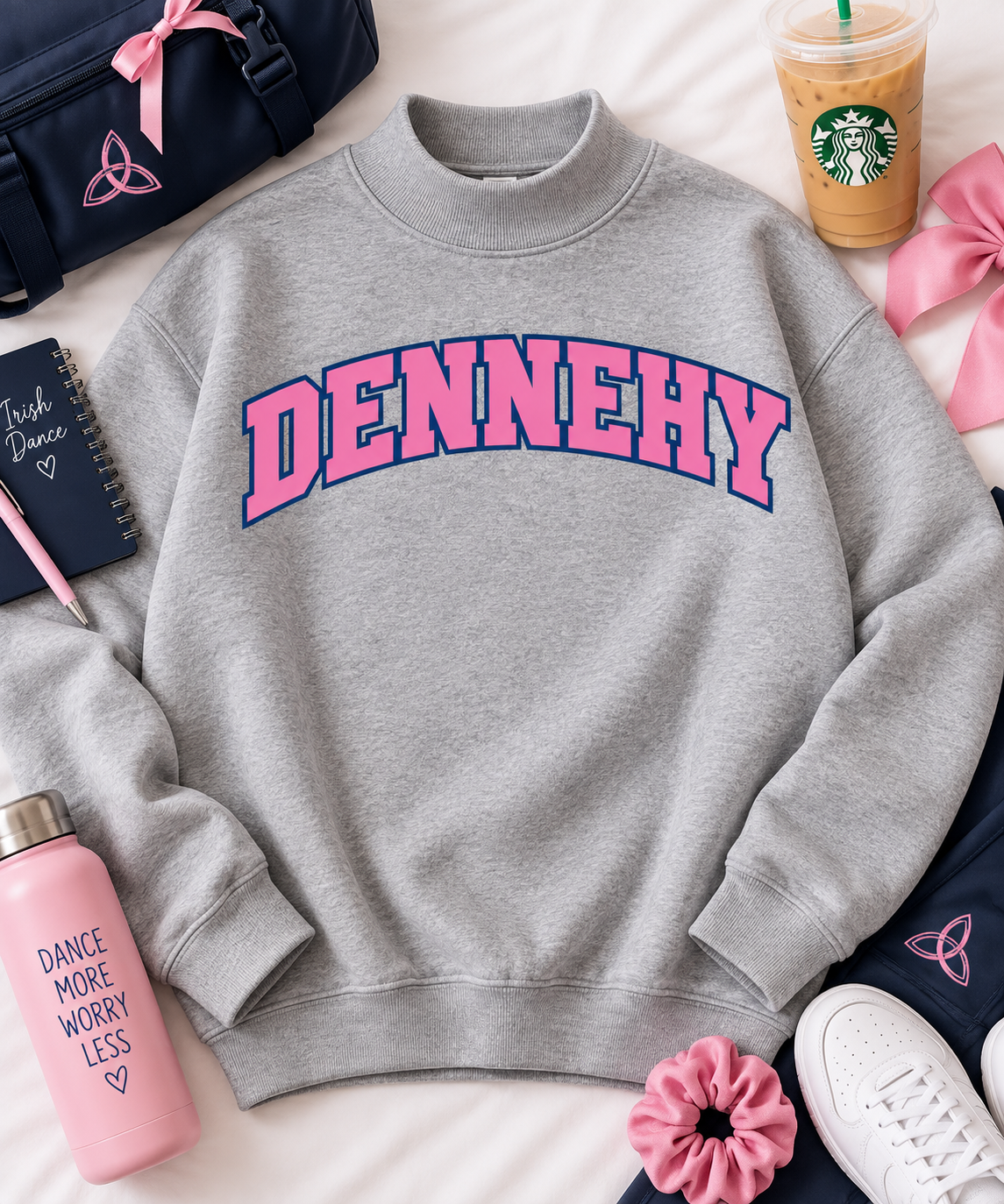 Dennehy heather grey mockneck sweatshirt with pink varsity lettering, flat lay