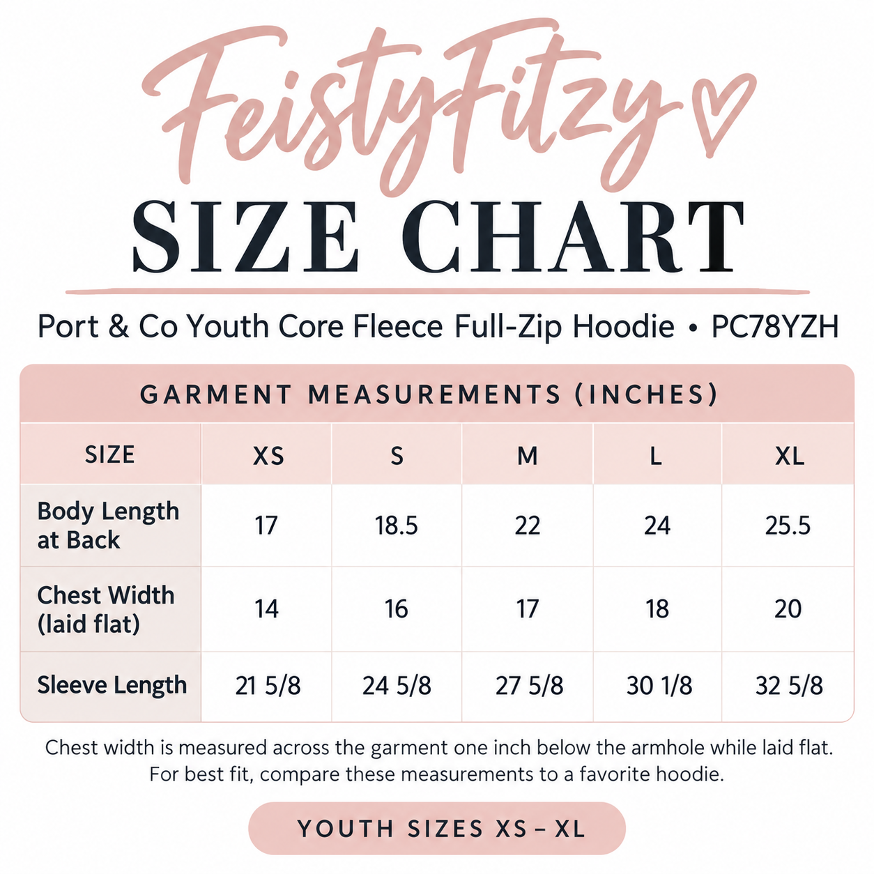 FeistyFitzy youth hoodie size chart