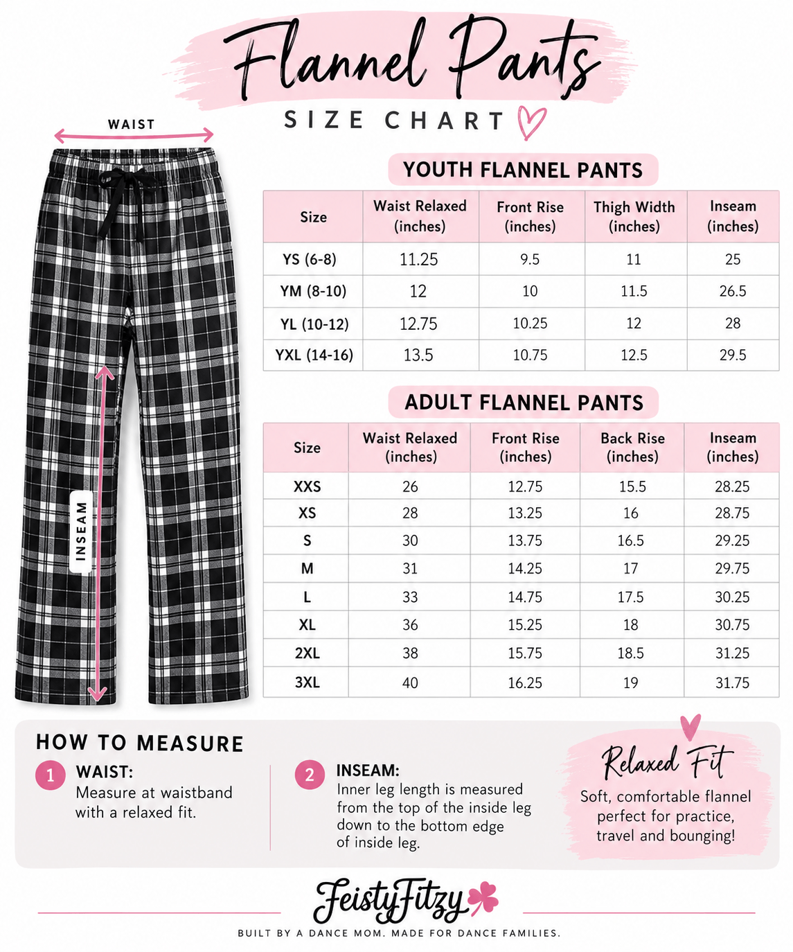 Flannel Pants size chart for Irish dance apparel