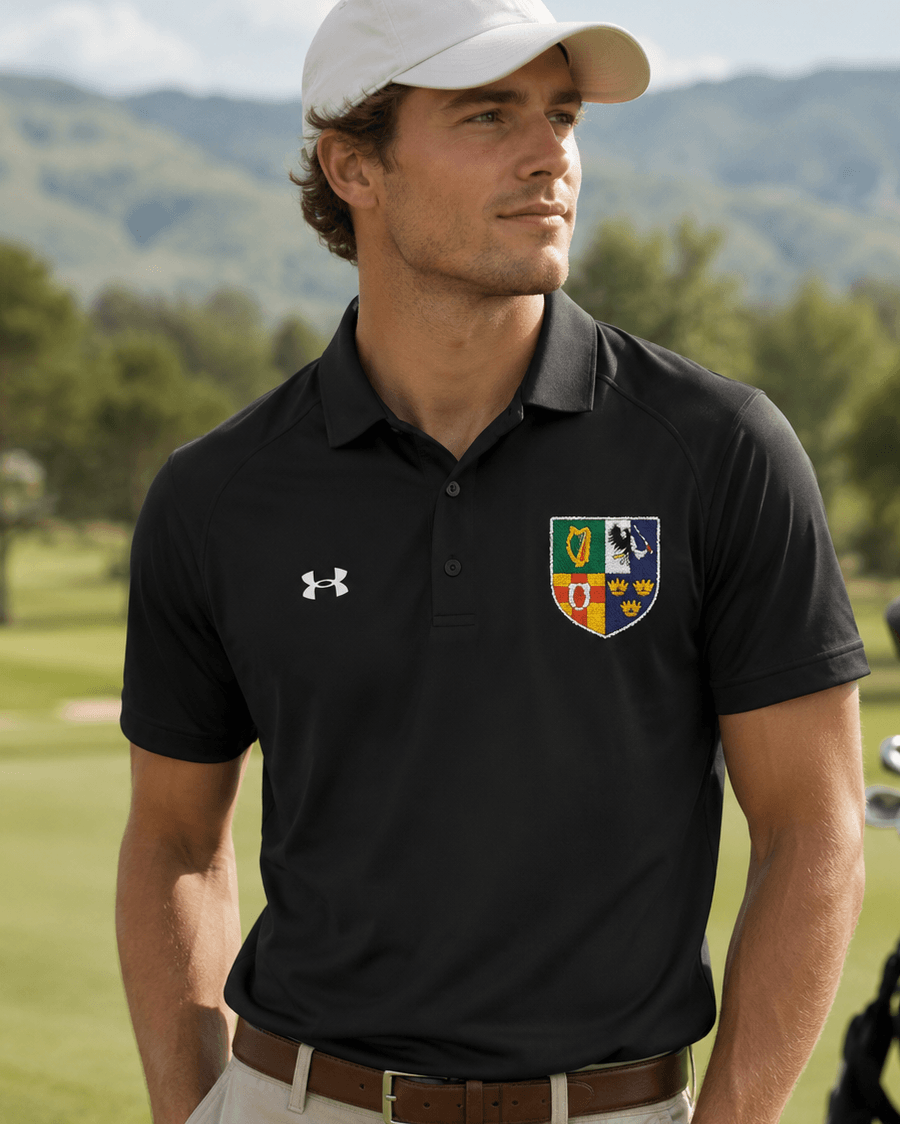 Four Provinces of Ireland polo, Irish golf shirt, embroidered Irish crest polo, Under Armour Irish polo, Irish heritage apparel, Ireland shield shirt, Irish golf apparel, Irish dance dad shirt, Irish festival clothing, Irish gift for men, Four Provinces crest, Irish American apparel, premium Irish polo shirt.