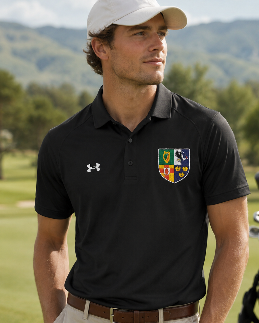 Four Provinces of Ireland polo, Irish golf shirt, embroidered Irish crest polo, Under Armour Irish polo, Irish heritage apparel, Ireland shield shirt, Irish golf apparel, Irish dance dad shirt, Irish festival clothing, Irish gift for men, Four Provinces crest, Irish American apparel, premium Irish polo shirt.