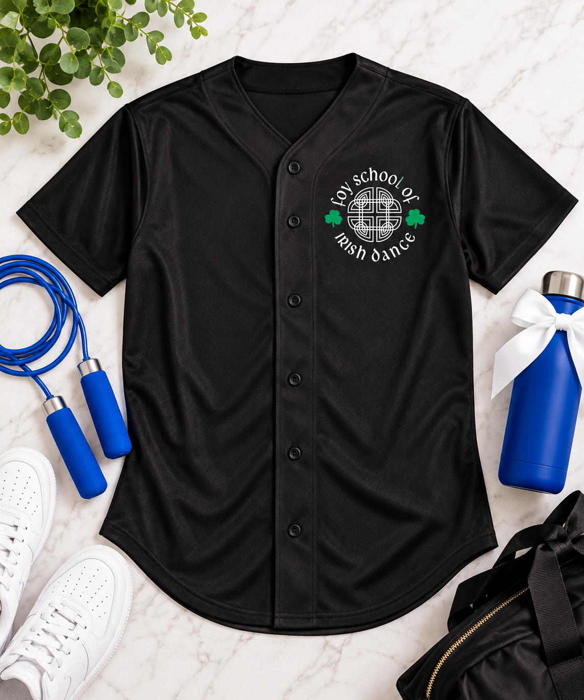 Black Foy School of Irish Dance personalized baseball jersey with white Foy logo