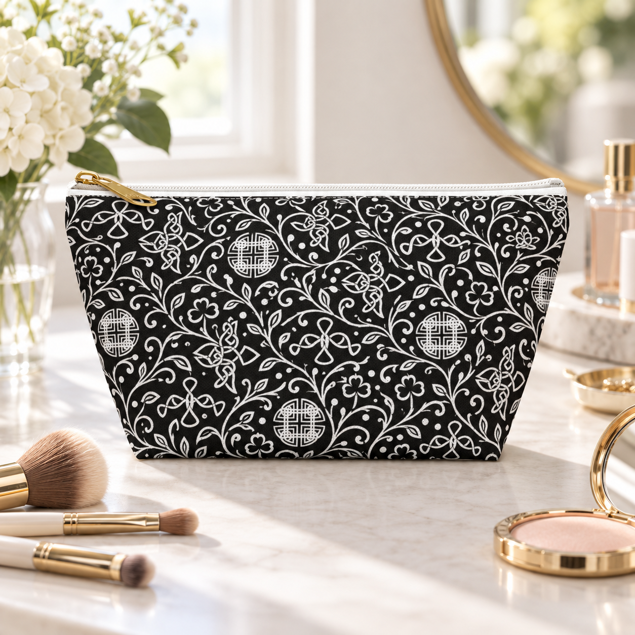 Foy School of Irish Dance makeup bag with black and white Celtic design - Irish dance gift