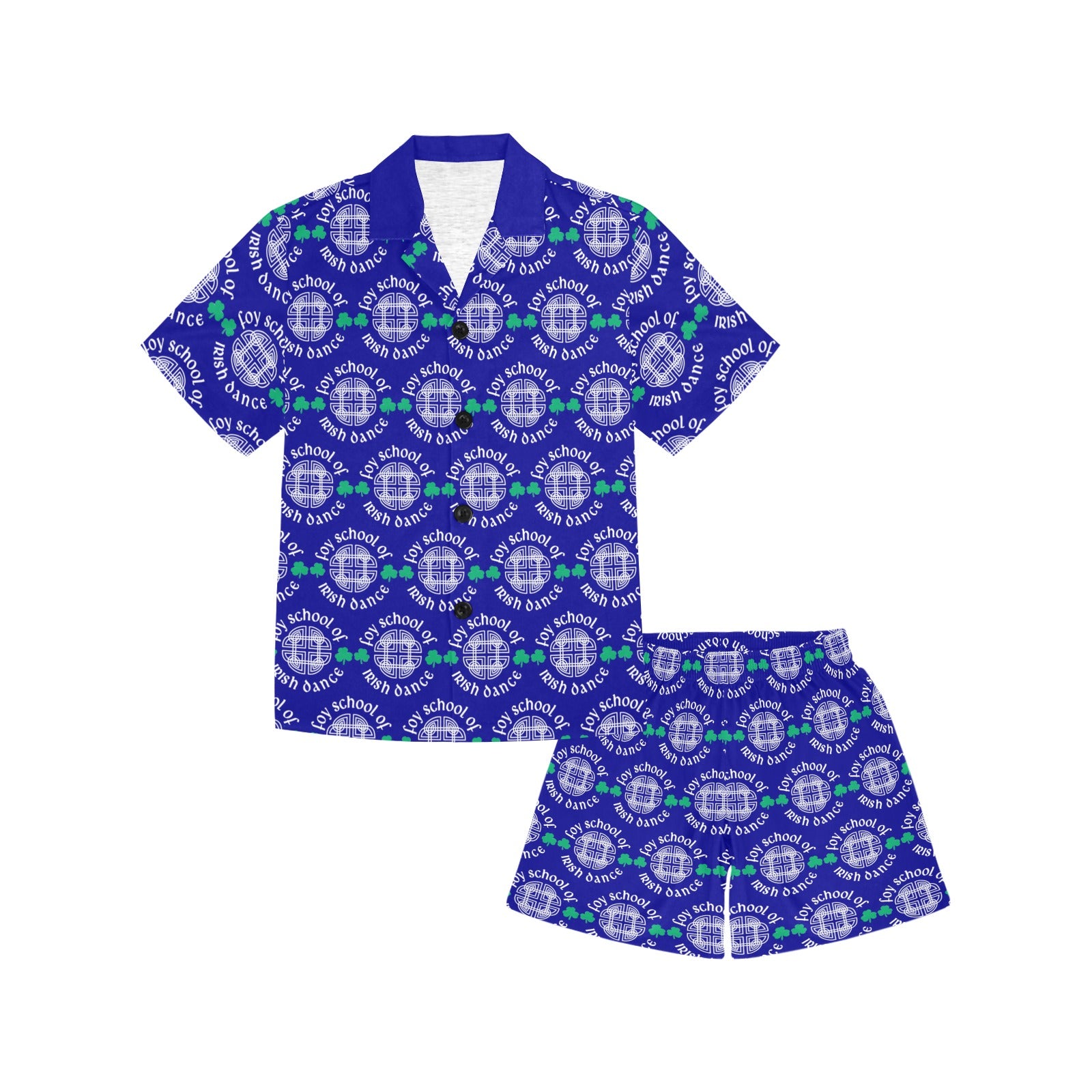 Foy Irish dance pajamas for kids – royal blue short-sleeve PJ set with the Foy School logo on repeat