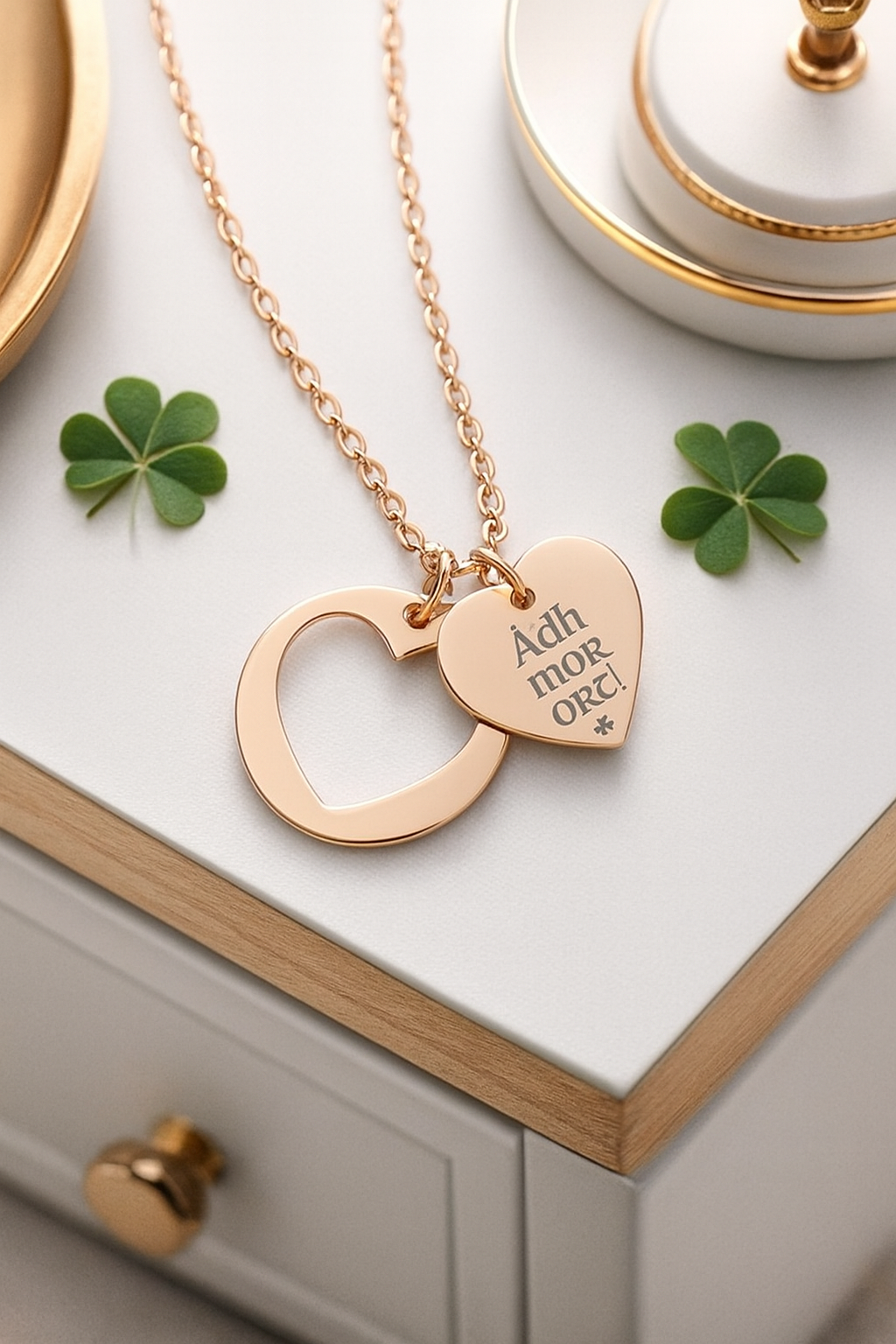 dainty engraved necklace for daughter, rose gold heart necklace for teens, meaningful jewelry gift for girlfriend, graduation good luck necklace for her, sweet sixteen jewelry gift for redheads, Irish dance good luck jewelry, gift for Irish dancer competition day, Irish gift for teenage girl, Celtic jewelry for young women, Irish birthday gift for daughter