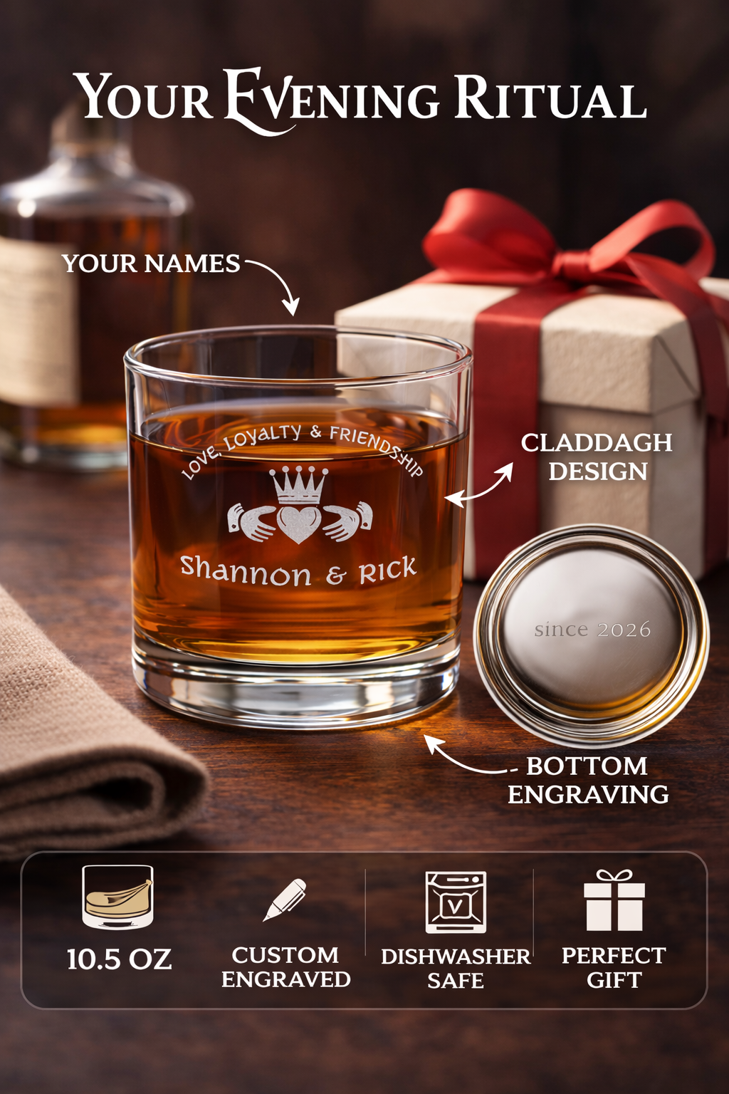 Gift for Husband, Claddagh Whiskey Glass, Personalized Whiskey Glass, Gift for Valentines Say