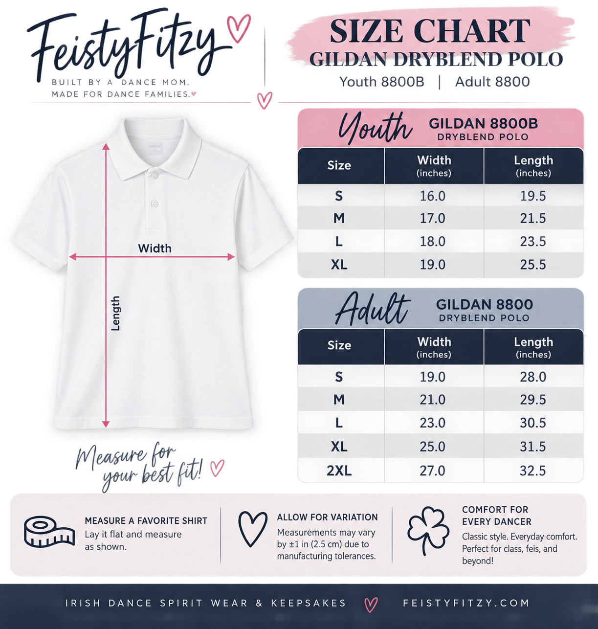 A size chart graphic for the FeistyFitzy Gildan Dryblend Polo shirt, showing a white polo on a mannequin with measurement lines for width and length, alongside size tables for Youth and Adult sizes.