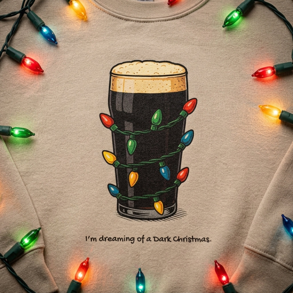 A beige crewneck sweatshirt featuring a graphic of a pint of black stout wrapped in colorful Christmas lights, with the text 'I'm dreaming of a Dark Christmas.' printed below.