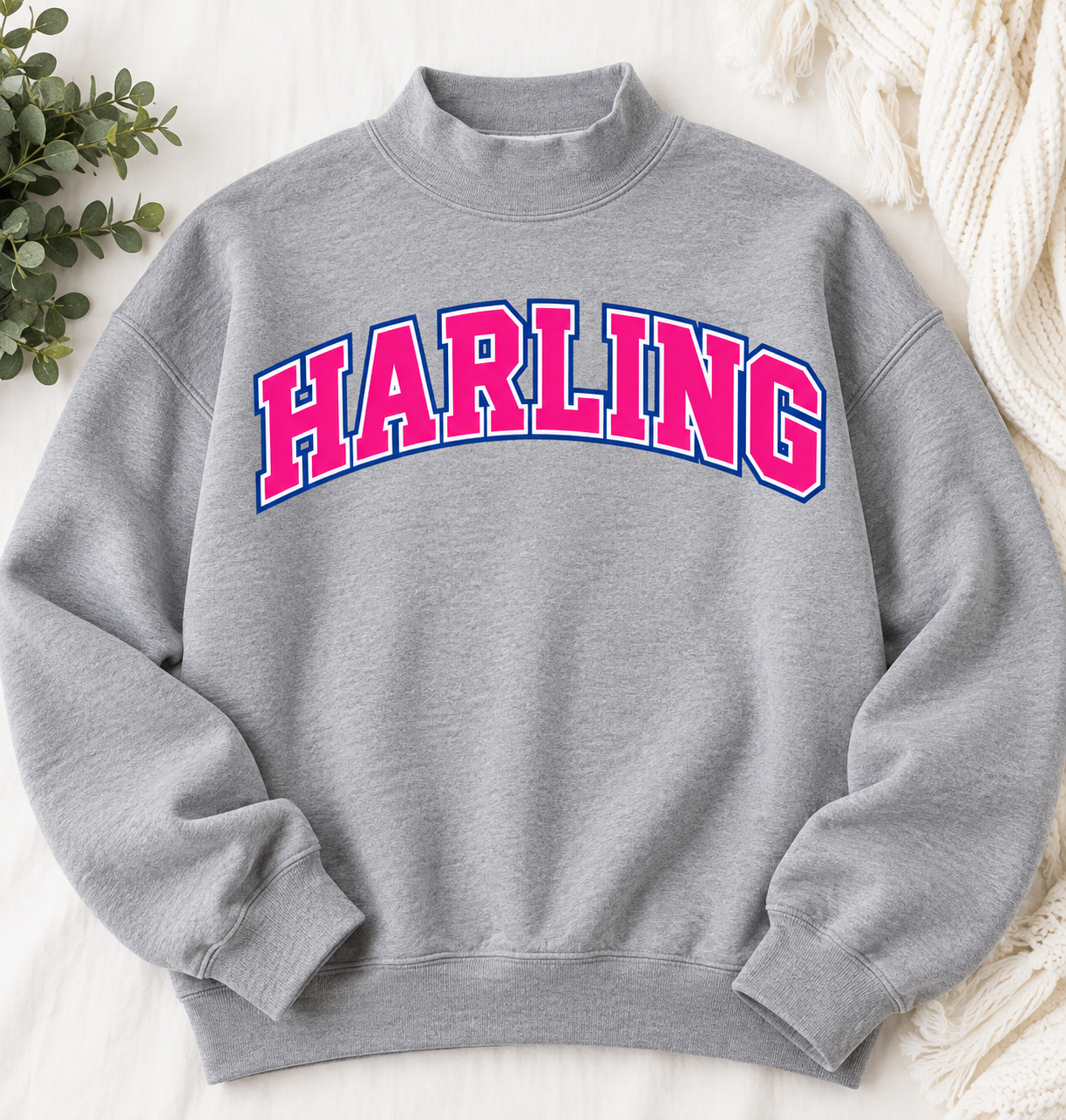Harling School of Irish Dance heather grey mockneck sweatshirt with pink and white collegiate lettering