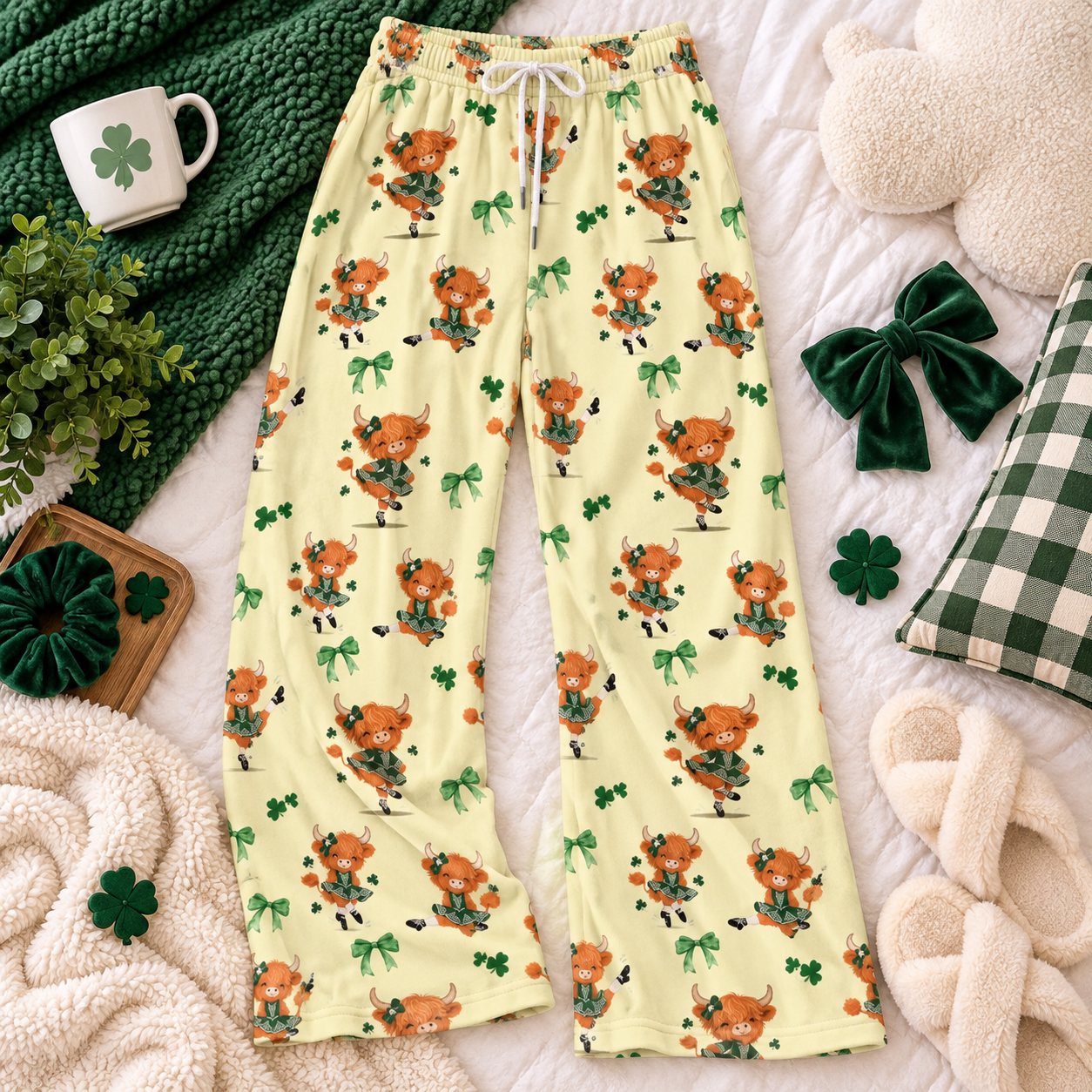 Highland cow pajama pants for women – plush fleece Irish dance pajama pants with dancing Highland cows