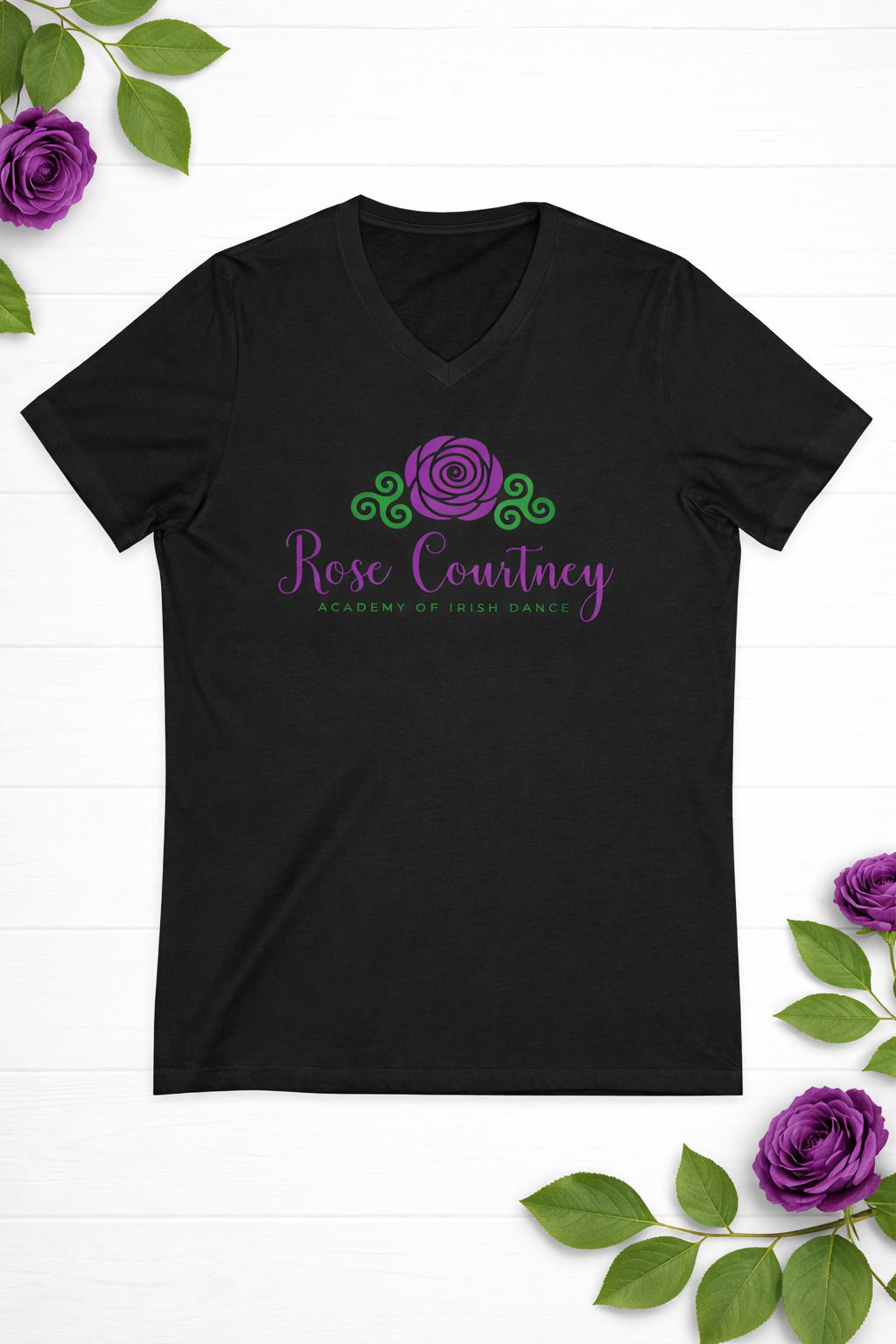 Rose Courtney V-Neck Tee – Elegant Floral Logo Shirt