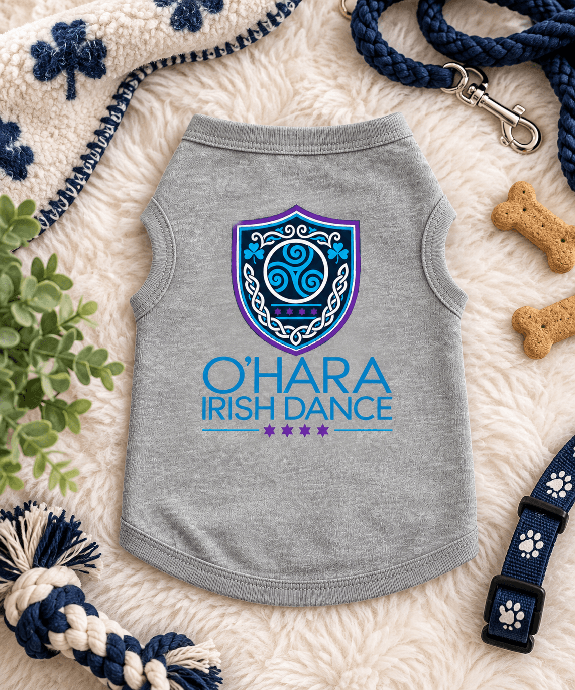 O'Hara Irish Dance dog tank top in heather gray with the O'Hara crest, Irish dance pet shirt