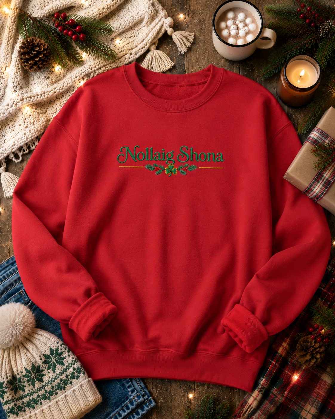 A red crewneck sweatshirt with 'Mollaig Shona' printed in green script and a small holly graphic, styled in a cozy holiday flat-lay with a mug of hot chocolate, candle, knit hat, and scarf.