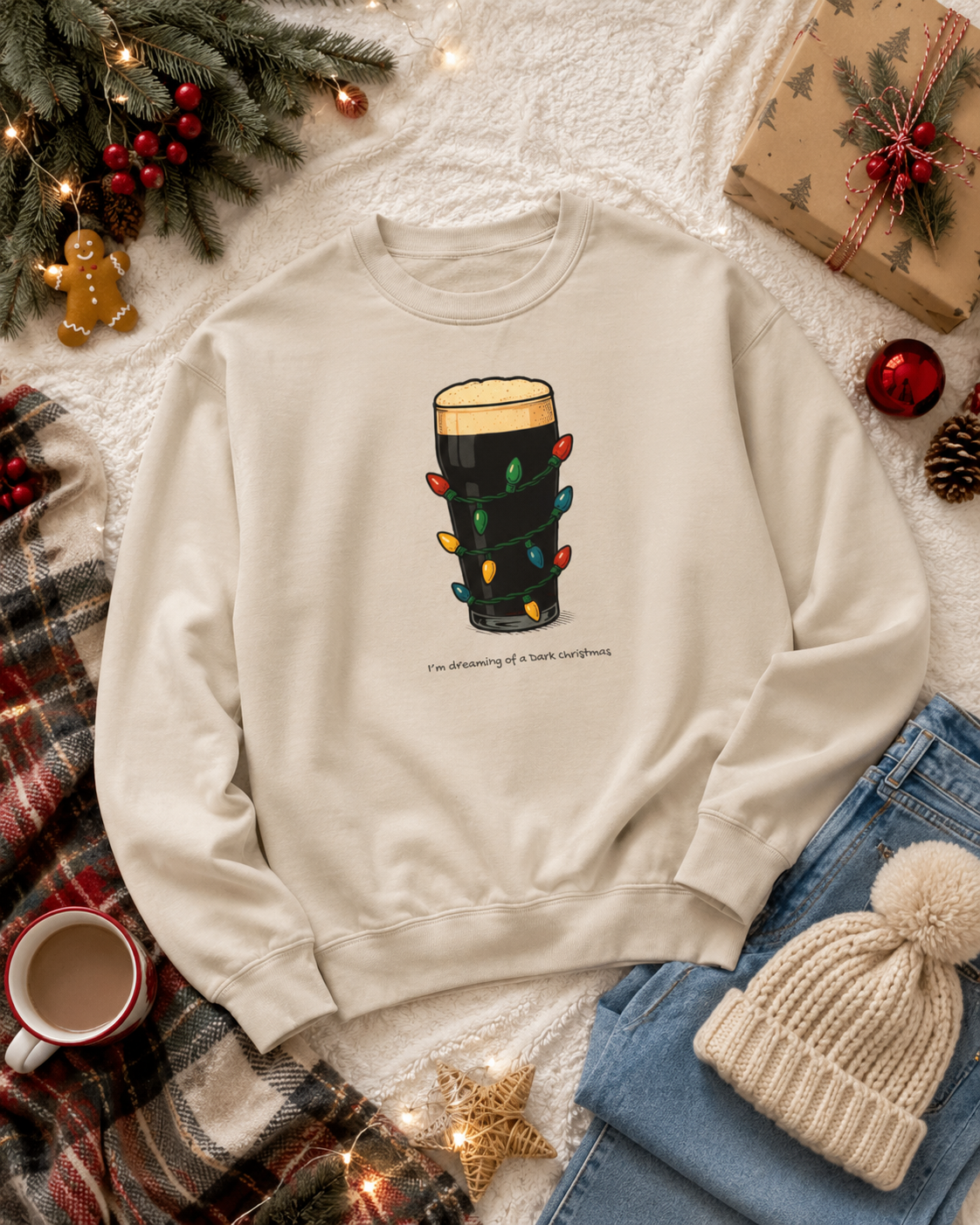 A cream-colored crewneck sweatshirt featuring a graphic of a dark beer mug wrapped in Christmas lights with the text 'I'm awake of a cold nothing', styled in a cozy holiday flat-lay with jeans, a knit hat, a mug, and festive decorations.