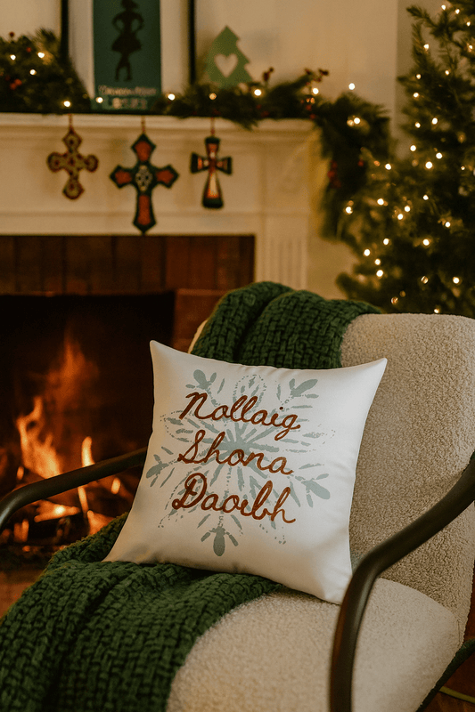 Nollaig Shona Daoibh pillow, Irish Christmas décor, blue snowflake throw pillow, Gaelic Christmas gift, festive Irish home decor, Celtic holiday pillow, Christmas couch pillow, Irish holiday accent, cozy Irish Christmas cushion, personalized Irish Christmas gift