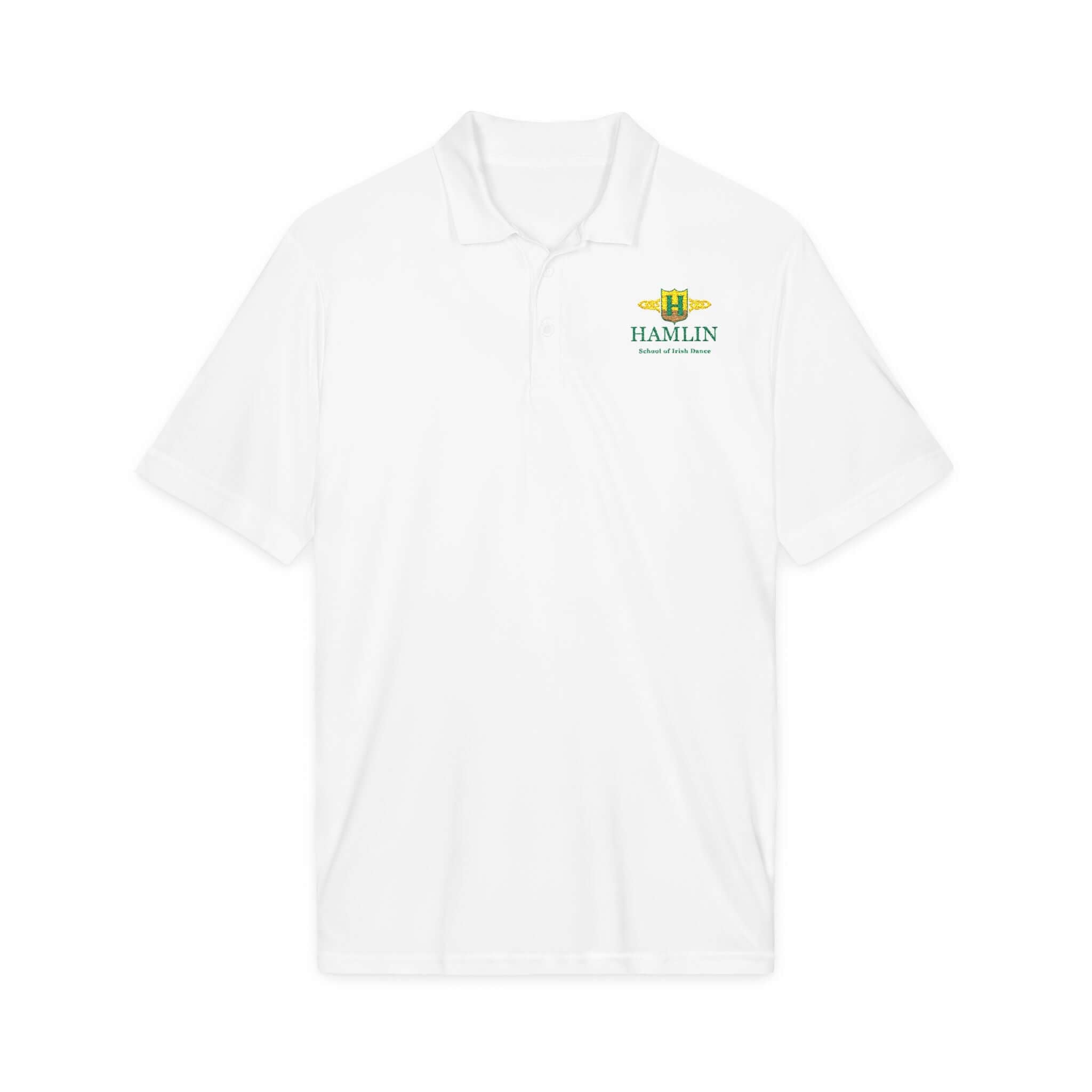 Hamlin School of Irish Dance polo, Irish dance apparel, embroidered Irish dance polo shirt, dance school uniform polo, performance polo, moisture-wicking polo, Irish dance team apparel, dance parent polo, feis apparel, Irish dance competition clothing, Hamlin spirit wear.