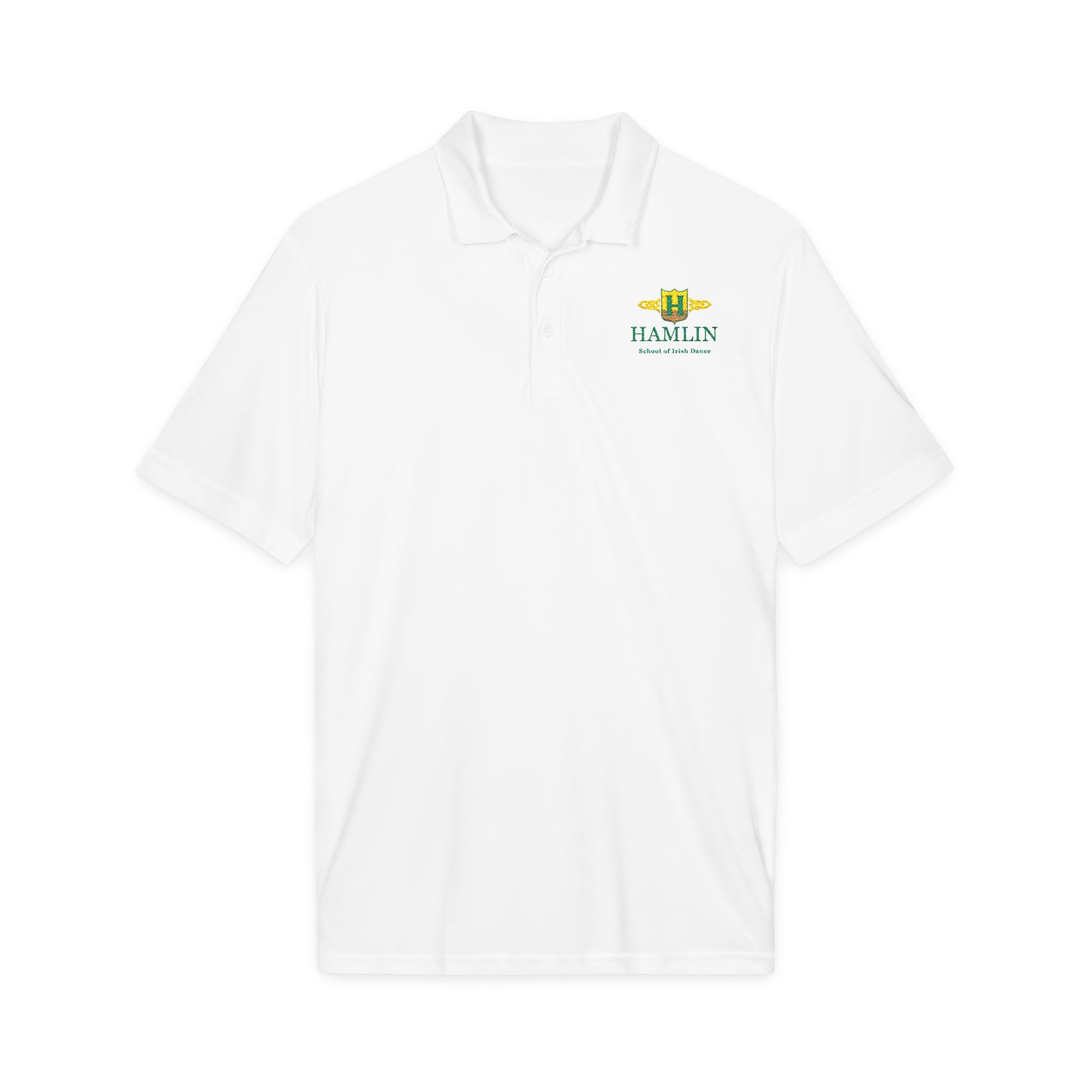 Hamlin School of Irish Dance polo, Irish dance apparel, embroidered Irish dance polo shirt, dance school uniform polo, performance polo, moisture-wicking polo, Irish dance team apparel, dance parent polo, feis apparel, Irish dance competition clothing, Hamlin spirit wear.