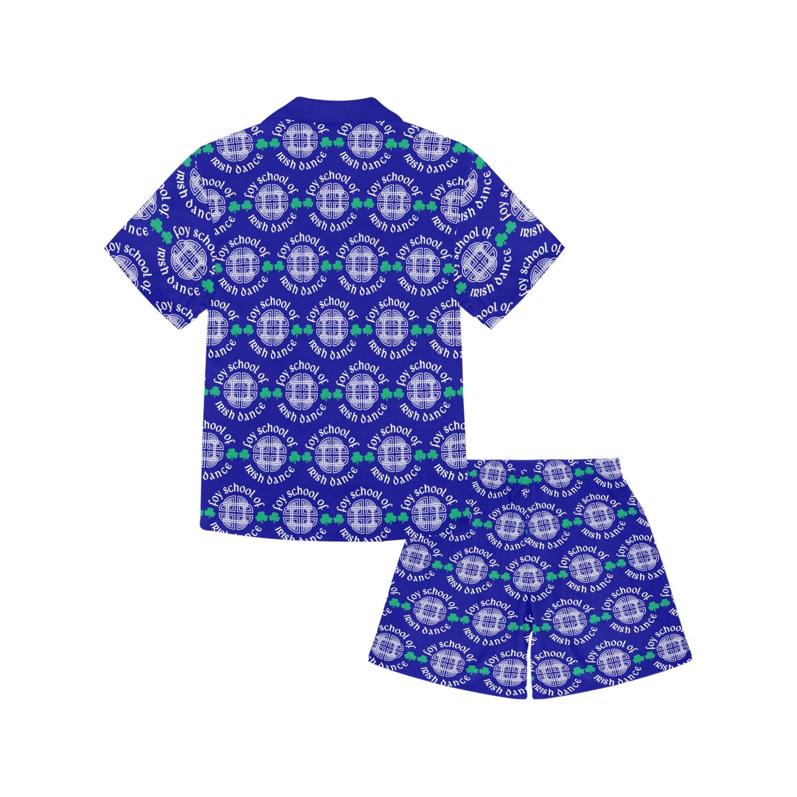 Foy School of Irish Dance pajamas – royal blue V-neck pajama top and shorts with black buttons