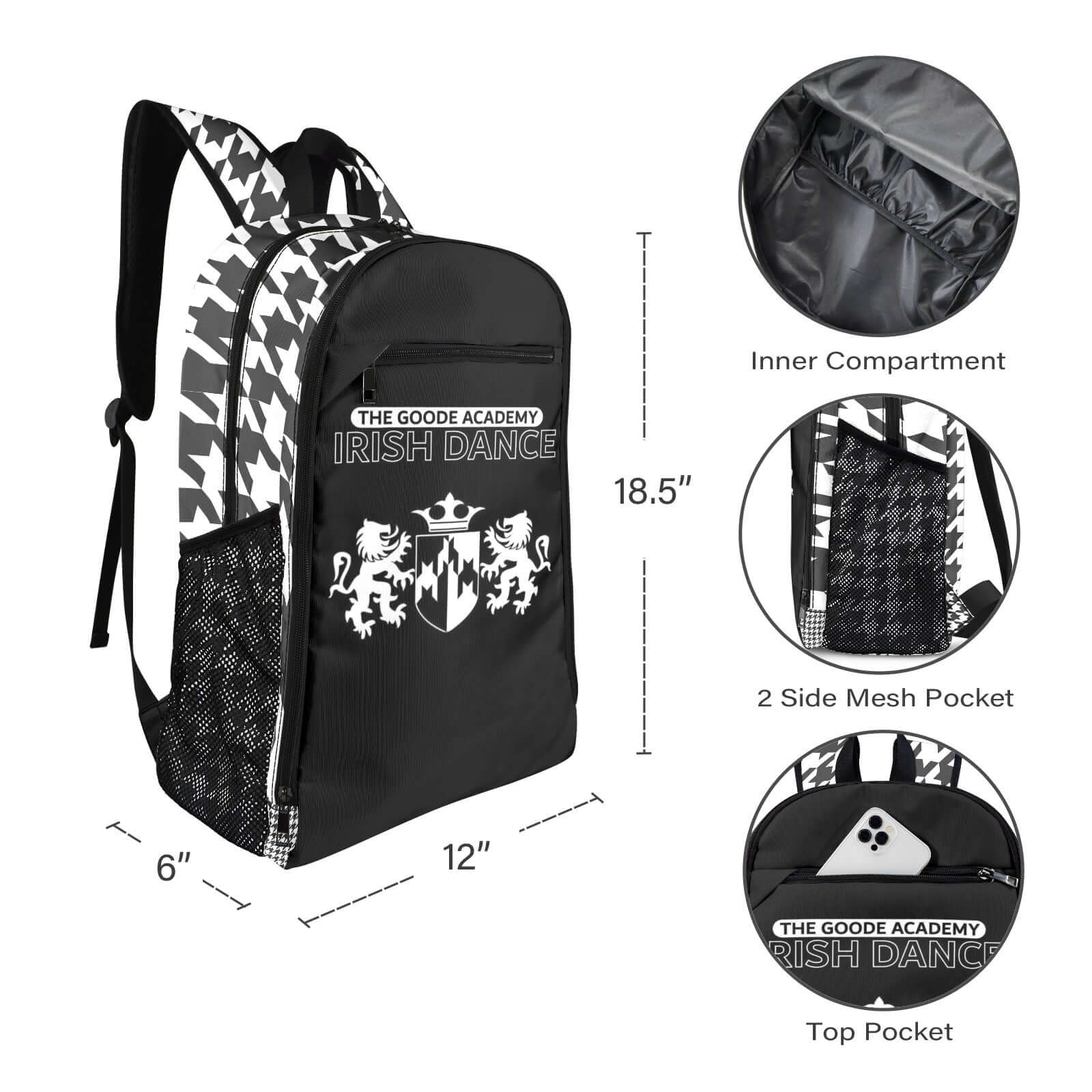 Goode School of Irish Dance, Goode backpack, Irish Dance Backpack, Irish Dance School Gear, Irish Dance School Backpack, Houndstooth