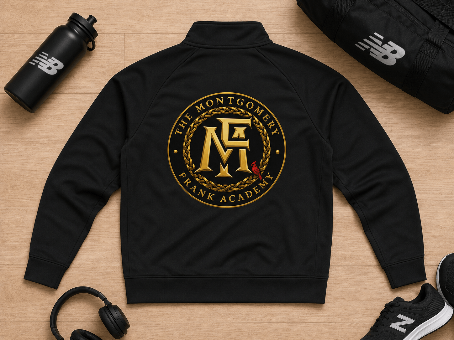 Custom Irish Dance School Apparel, A black quarter-zip sweatshirt laid flat on a light wood surface, shown from the back with a large gold and white circular 'The Montgomery Frank Academy' crest. New Balance branding is visible on the sweatshirt crest, bottle, bag, headphones, and shoes around it.