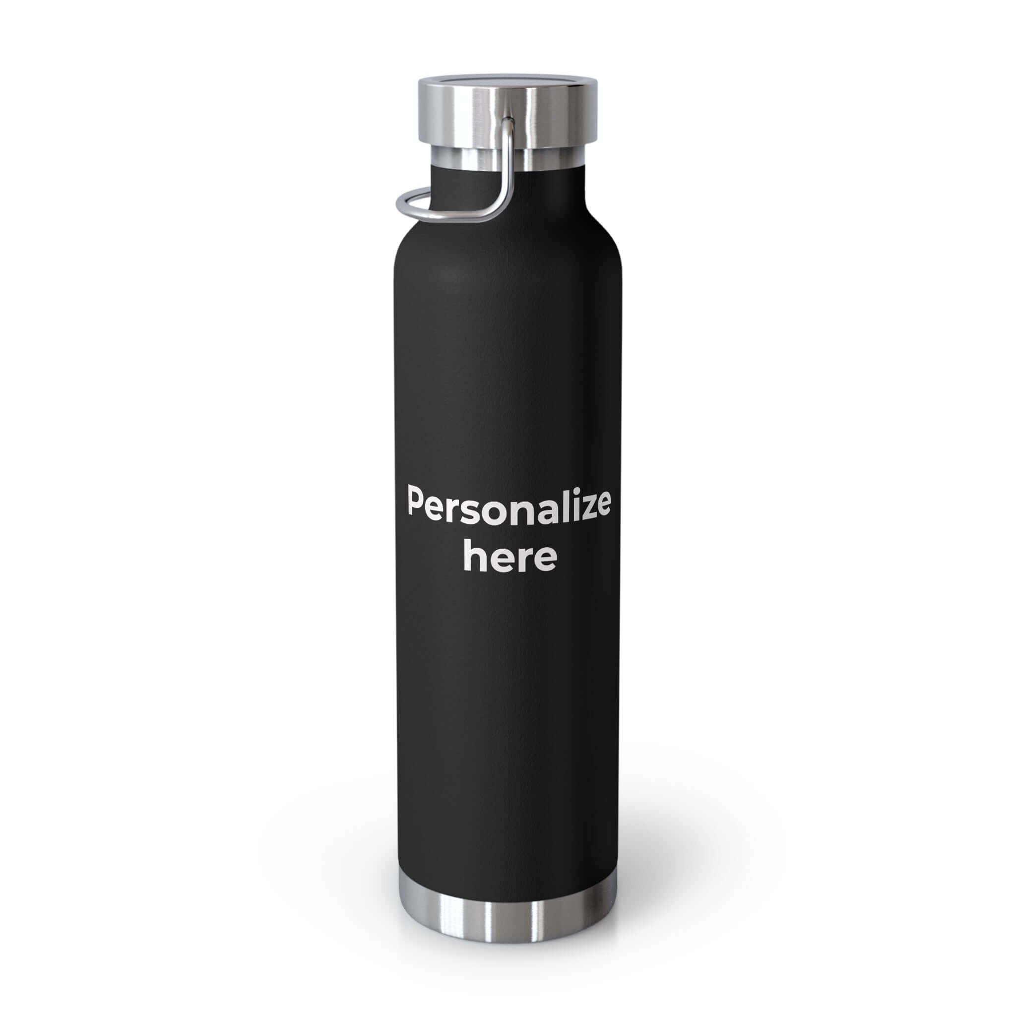 A matte black insulated water bottle with a silver stainless steel lid, carrying loop, and base. The bottle features the white text 'Personalize here' on the front, set against a clean white background.