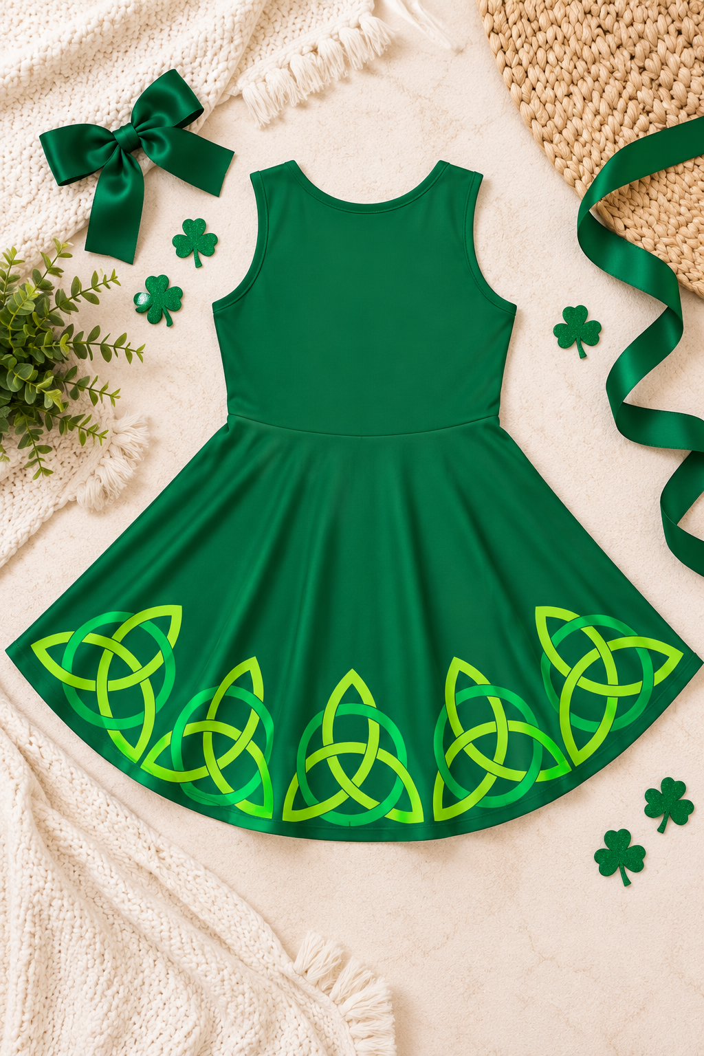 Girls green Celtic sundress for Irish dancers, A-line twirl skirt