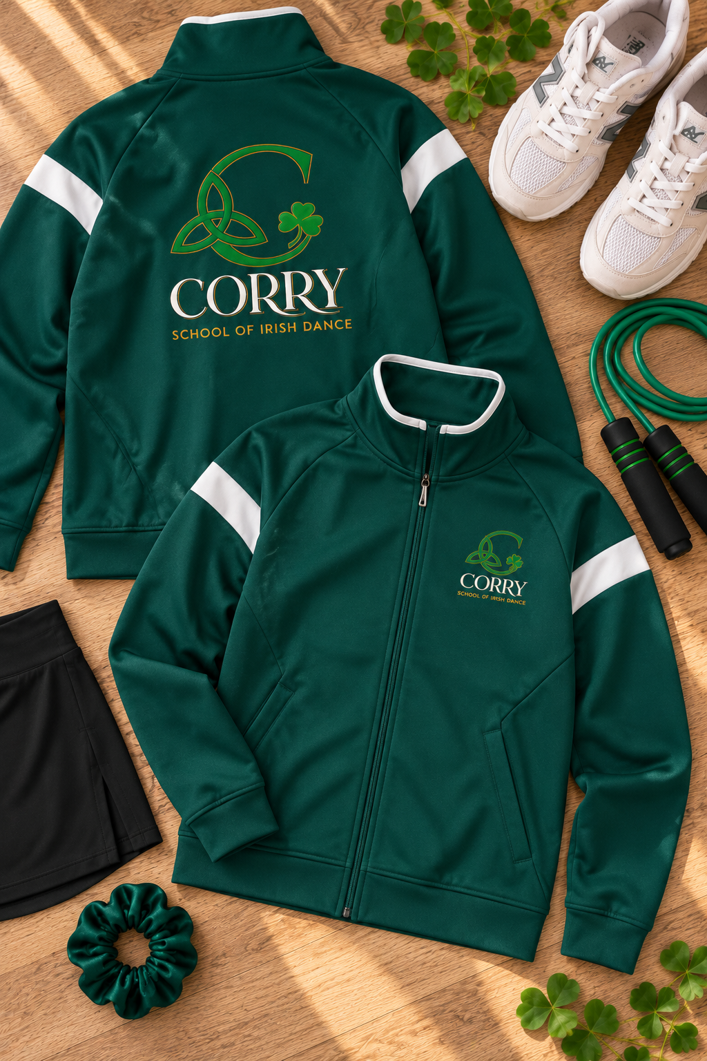 A dark green zip-up athletic jacket with white sleeve stripes and a green shamrock logo on the chest, shown in front and back views on a wooden surface. The back features a large green triquetra and shamrock logo with the text 'CORRY SCHOOL OF IRISH DANCE'.