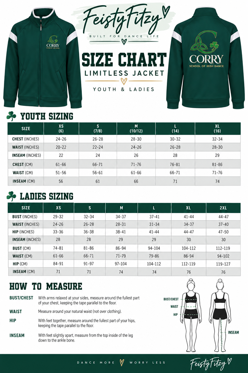A size chart and measurement guide for the Feisty Fityf limitless jacket, showing front and back jacket views, youth and ladies sizing tables, measurement instructions, and body-measurement diagrams on a white background.