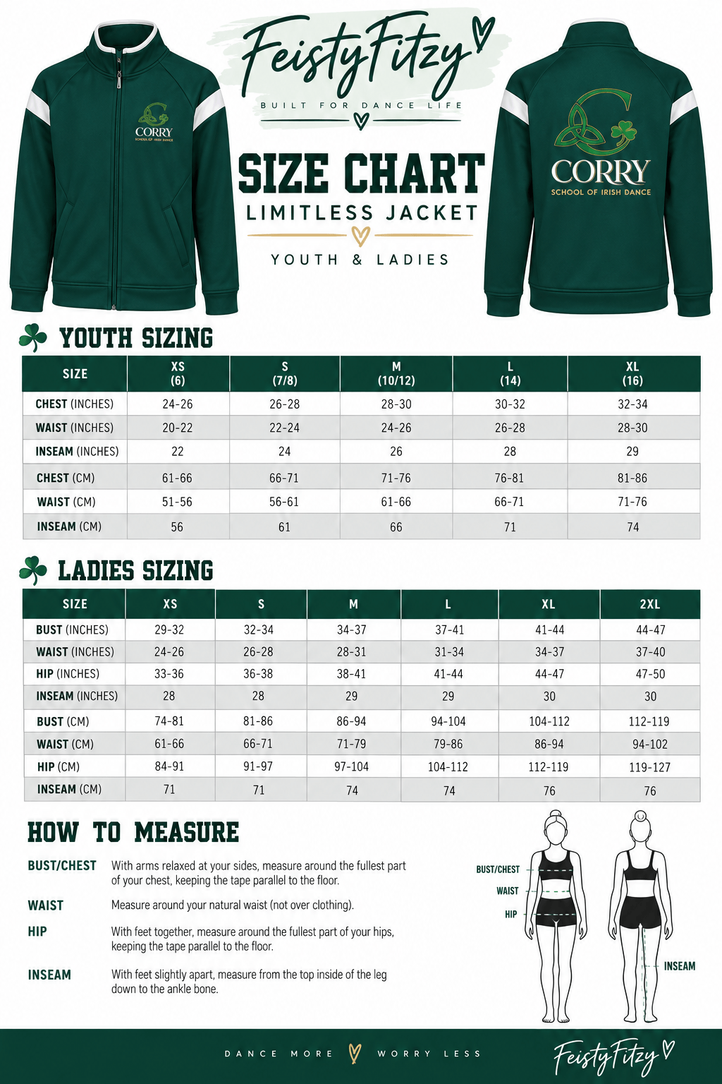 A size chart and measurement guide for the FeistyFitzy Corry Limitless jacket, showing front and back jacket views, youth and ladies sizing tables, measurement instructions, and body-measurement diagrams on a white background.