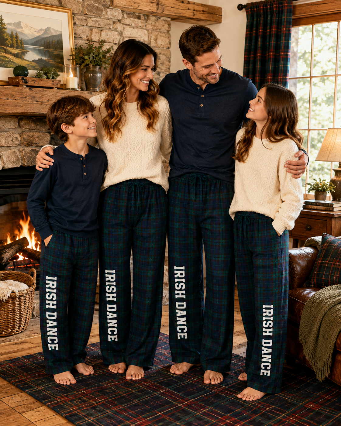 A family of four wearing matching navy blue and green plaid pajama pants with 'IRISH DANCE' printed vertically in white, standing together in a cozy living room with a fireplace and wood-paneled walls.