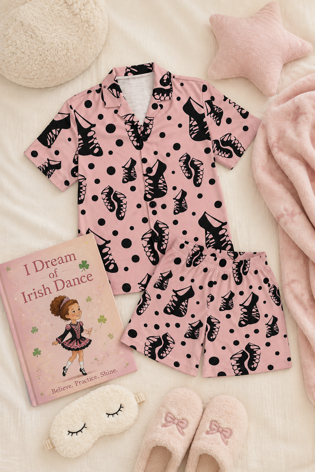 A pink short-sleeve pajama set with black polka dots and black ballet shoe prints, styled in a cozy flat lay with a matching sleep mask, slippers, a book, and soft pillows on a cream fabric background.