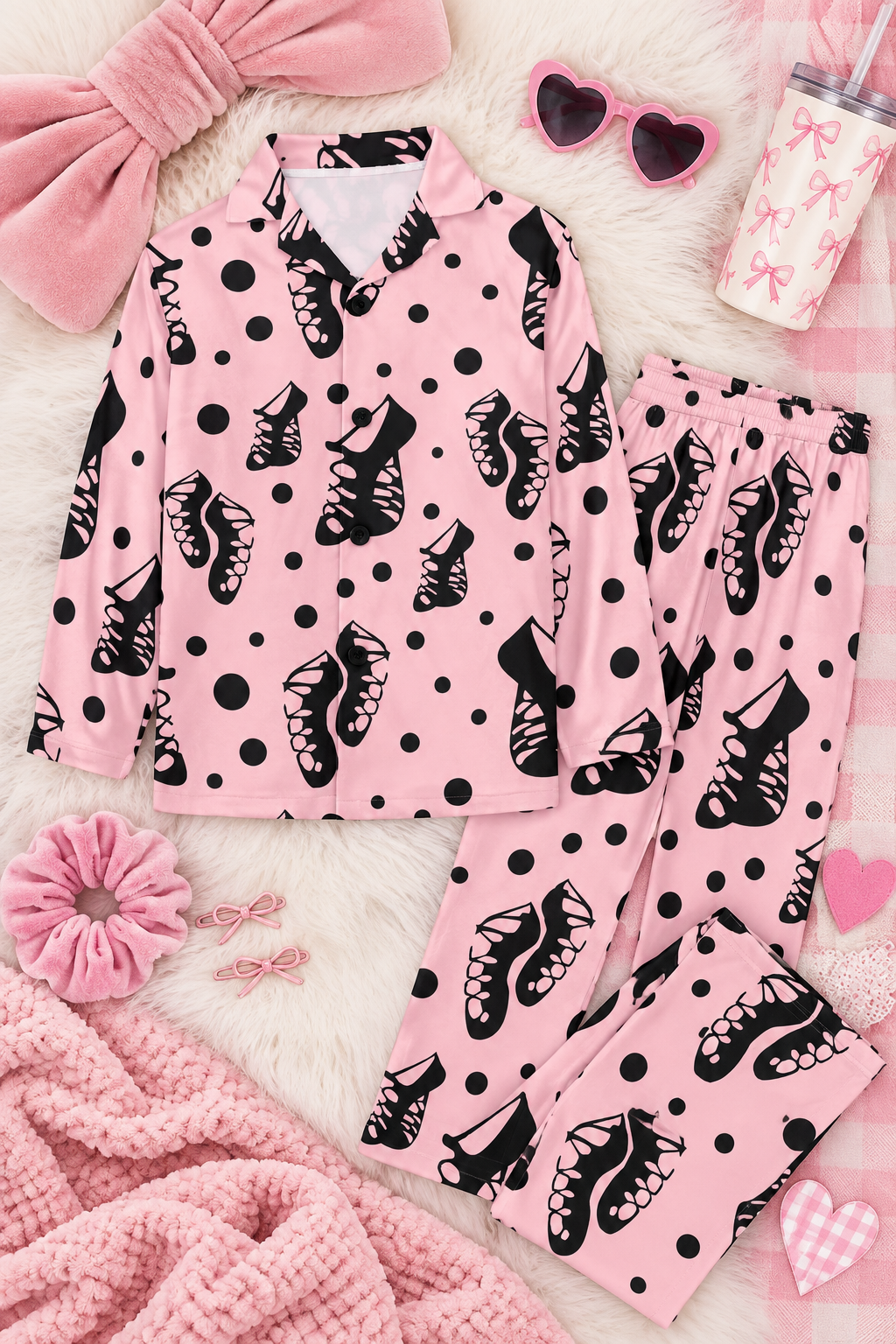 Irish dance pajamas for girls – pink ghillie print long-sleeve PJ set with black buttons