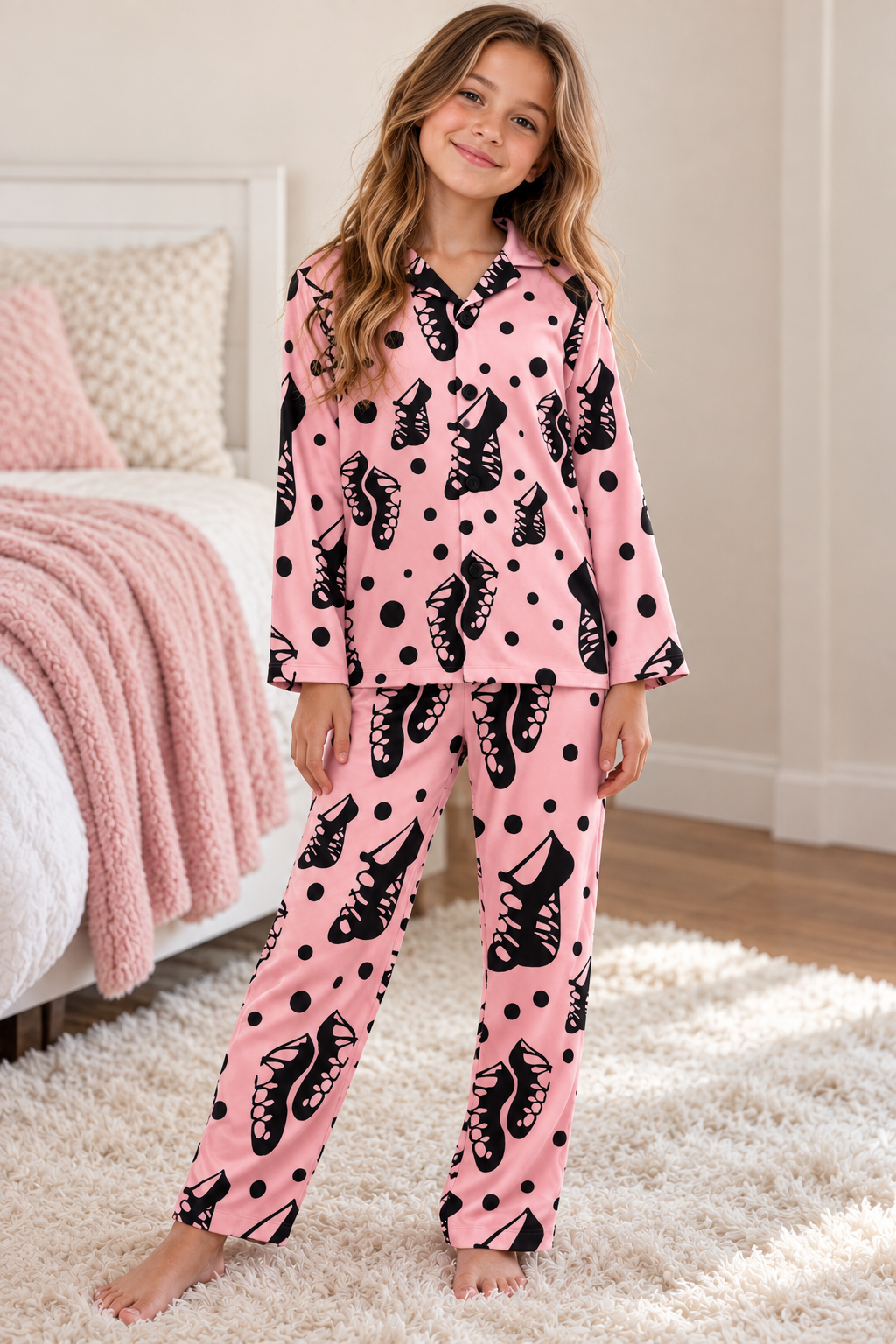 Girls Irish dance PJs – long-sleeve button-front top and full-length pants in a pink Irish dance shoe print