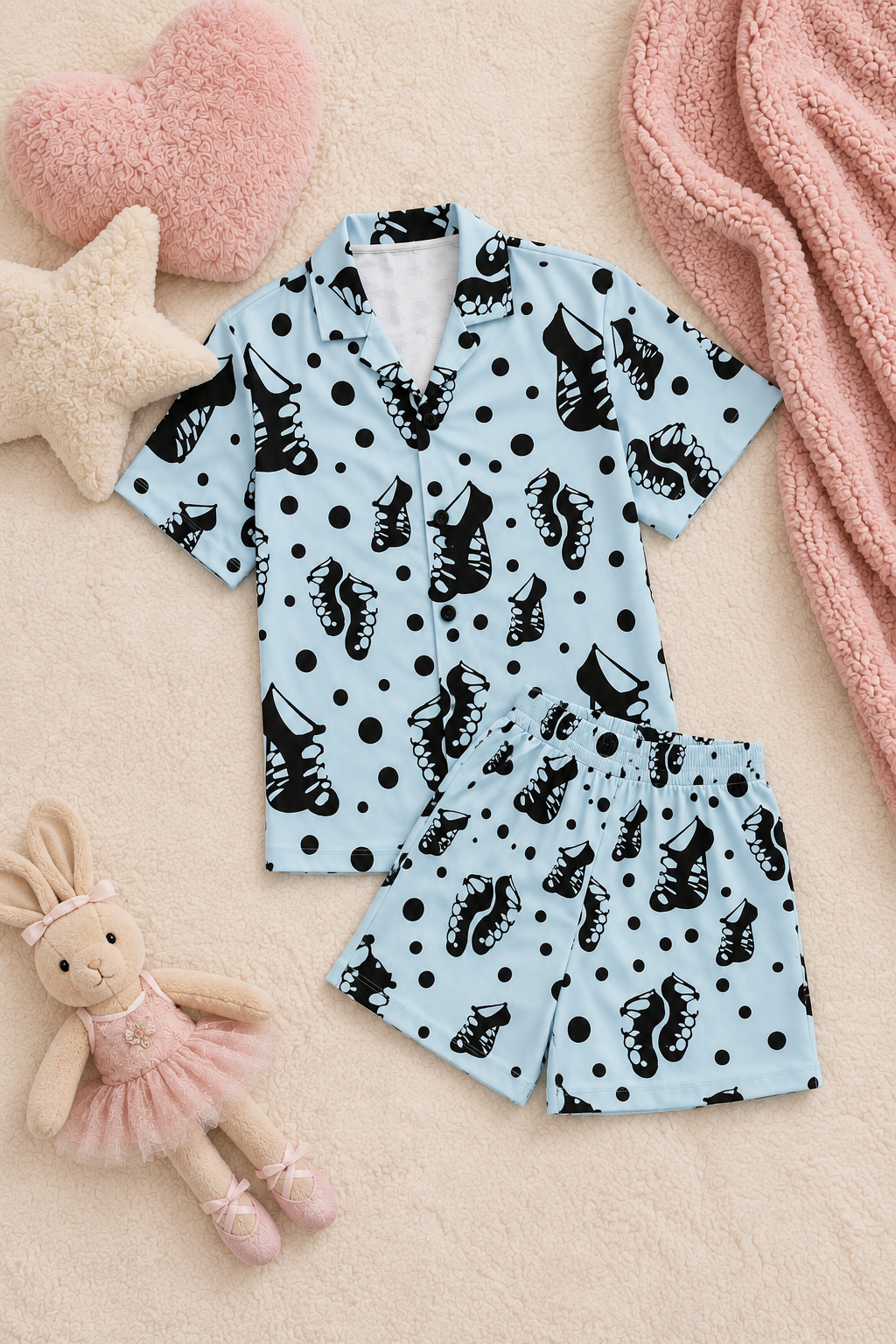 Kids Ghillie Pajama Set shown as a two-piece short-sleeve top and shorts set with ghillie print, an Irish dance pajama gift.