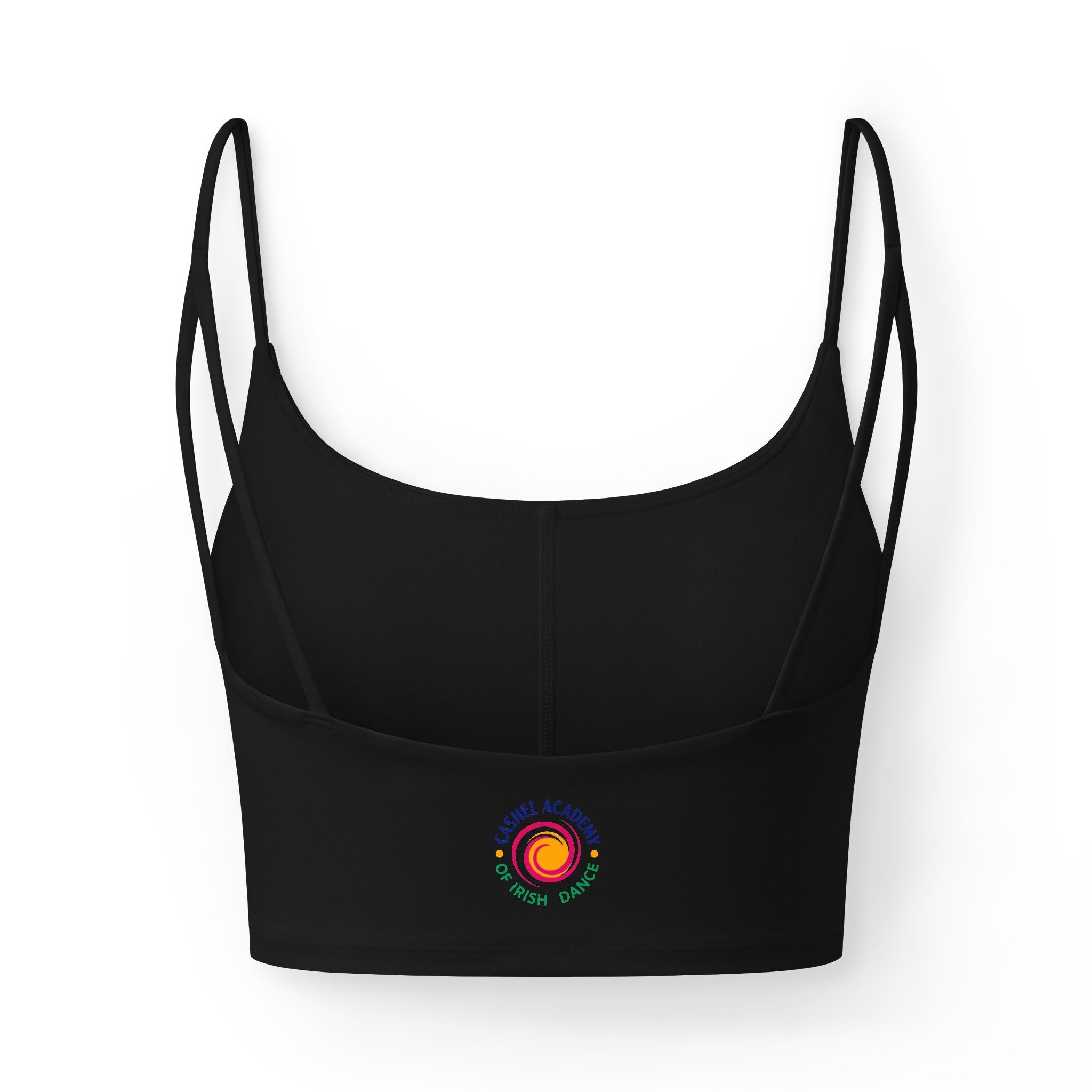 Black crop top with a small flag label on a white background