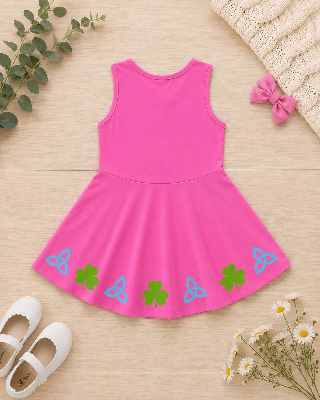 A bright pink sleeveless baby dress with a flared skirt, decorated with green shamrocks and blue triquetra symbols near the hem. The dress is displayed in a flat-lay arrangement on a light wood background, surrounded by decorative props including white shoes, a pink bow, daisies, a knitted hat, and eucalyptus leaves.