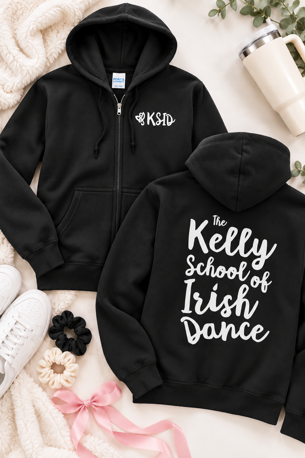 KSID Kelly School of Irish Dance full zip hoodie, front logo